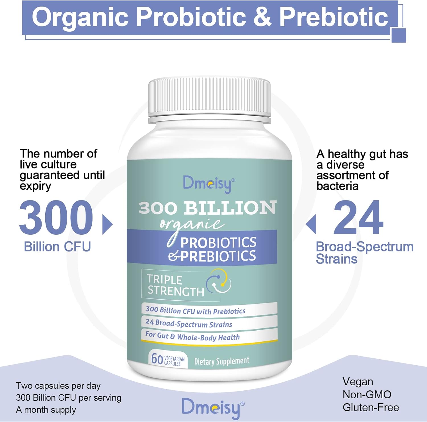 300 Billion CFU Probiotic Blend with 24 Strains & 15 Organic Herbs - Gut Health Supplement for Women and Men - 2 Month Supply