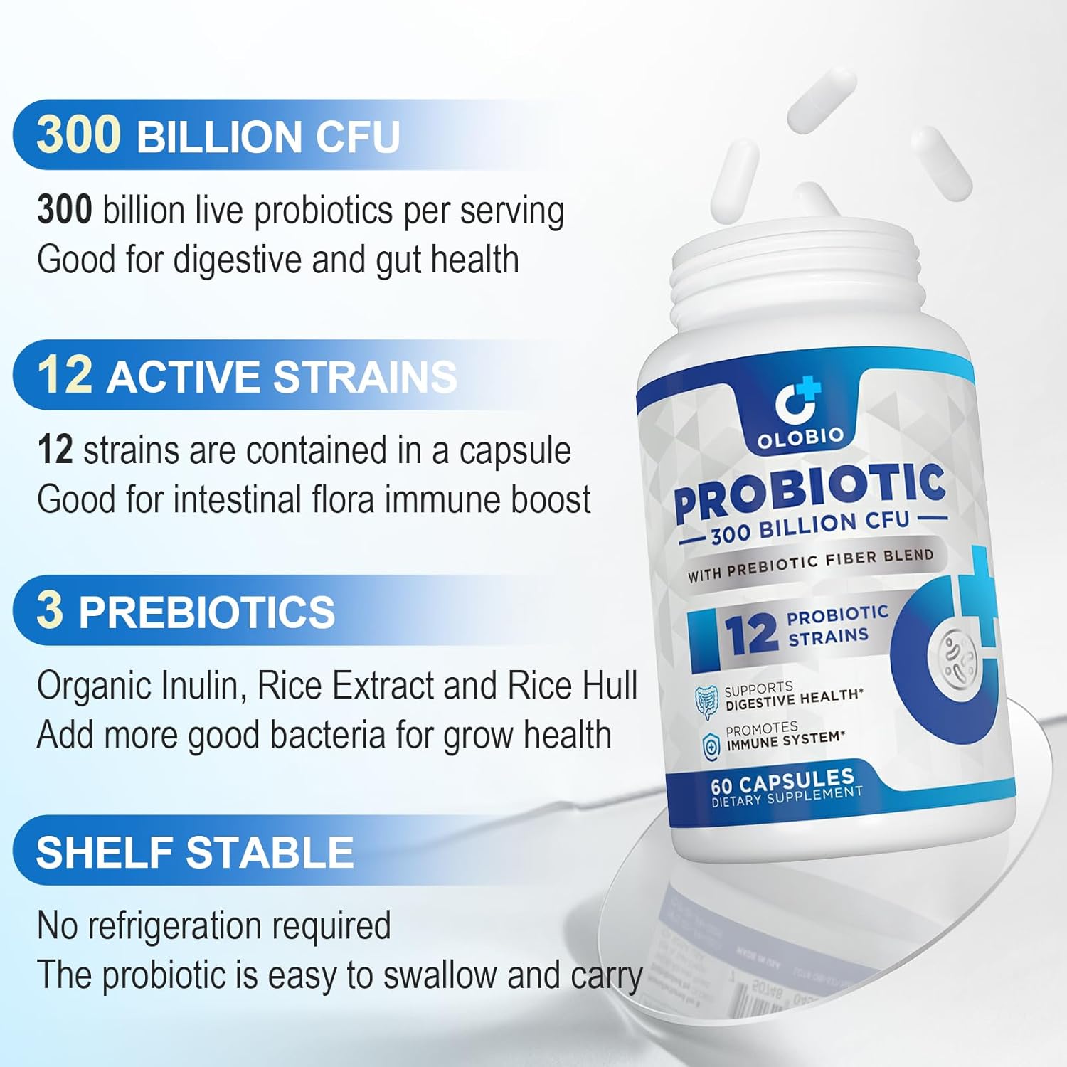 300 Billion CFU Probiotic with 12 Strains, 3 Prebiotics, Digestive & Immune Support, Vegan, 120 Capsules