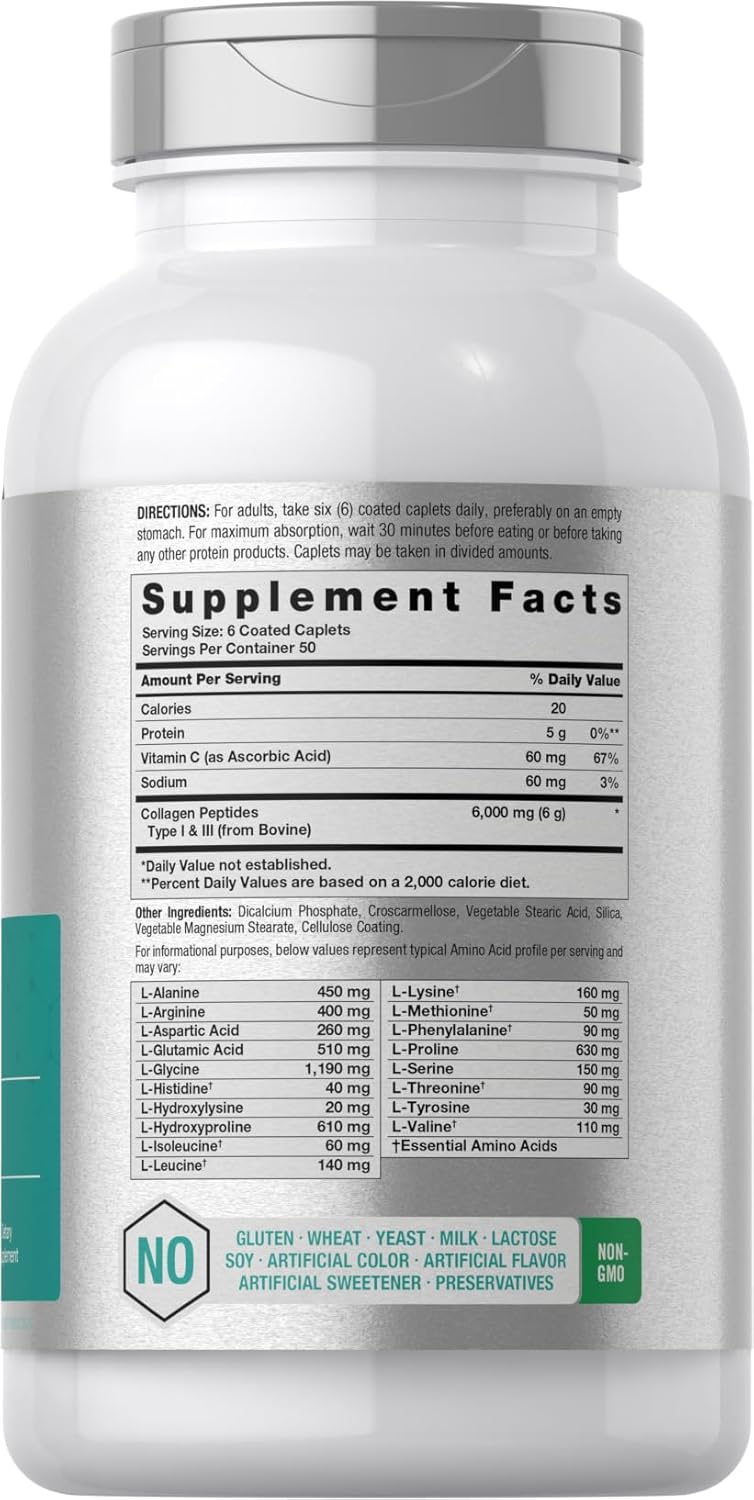 300 Caplet Pills of Horbäach Collagen Peptides - 6000mg with Vitamin C - Hydrolyzed Supplement, Non-GMO, Gluten Free