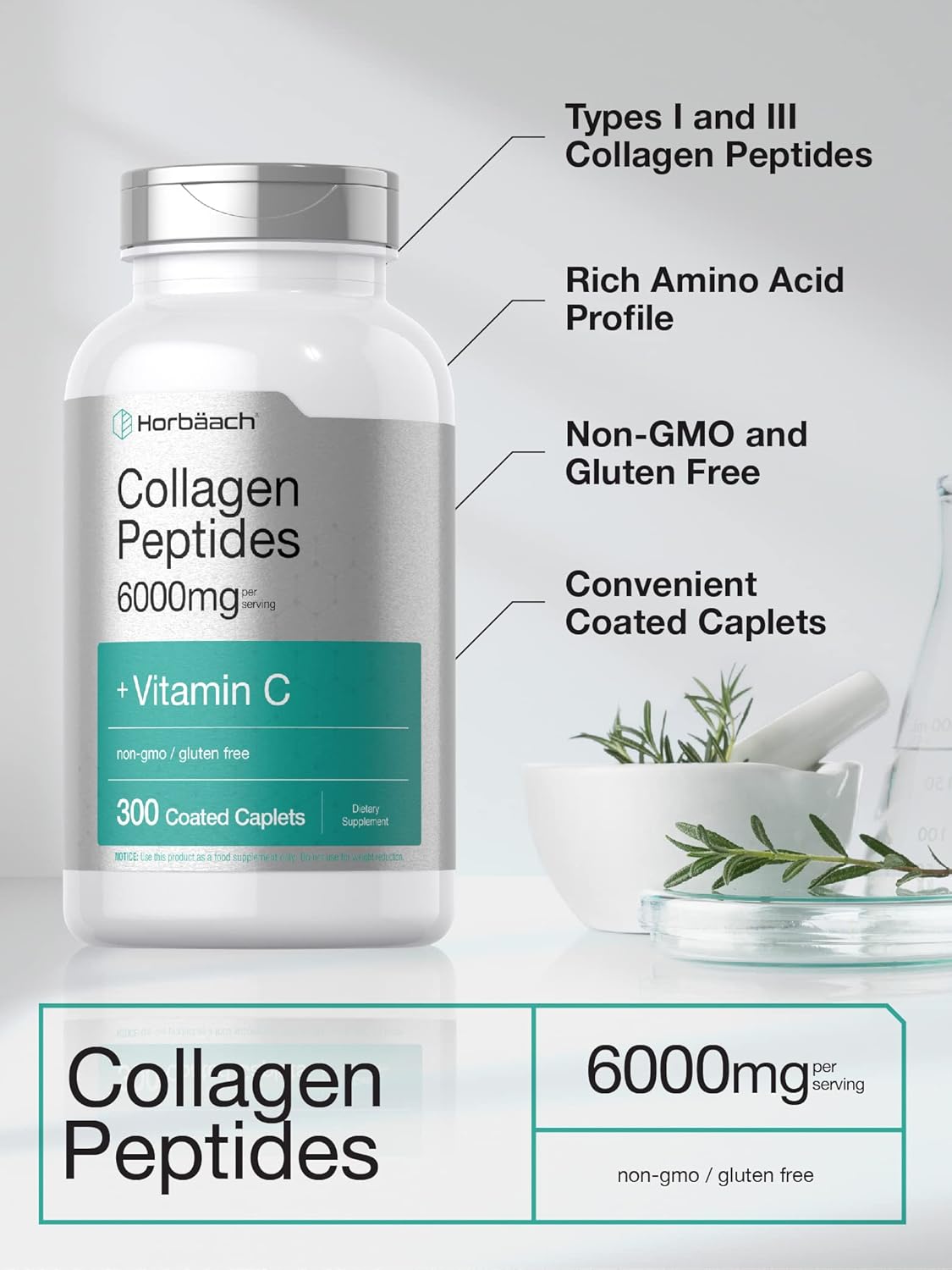 300 Caplet Pills of Horbäach Collagen Peptides - 6000mg with Vitamin C - Hydrolyzed Supplement, Non-GMO, Gluten Free