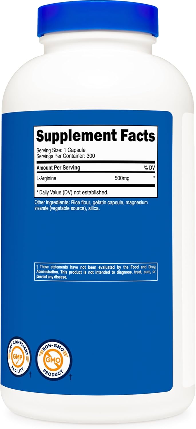 300 Capsules of Gluten-Free and Non-GMO Nutricost L-Arginine 500mg