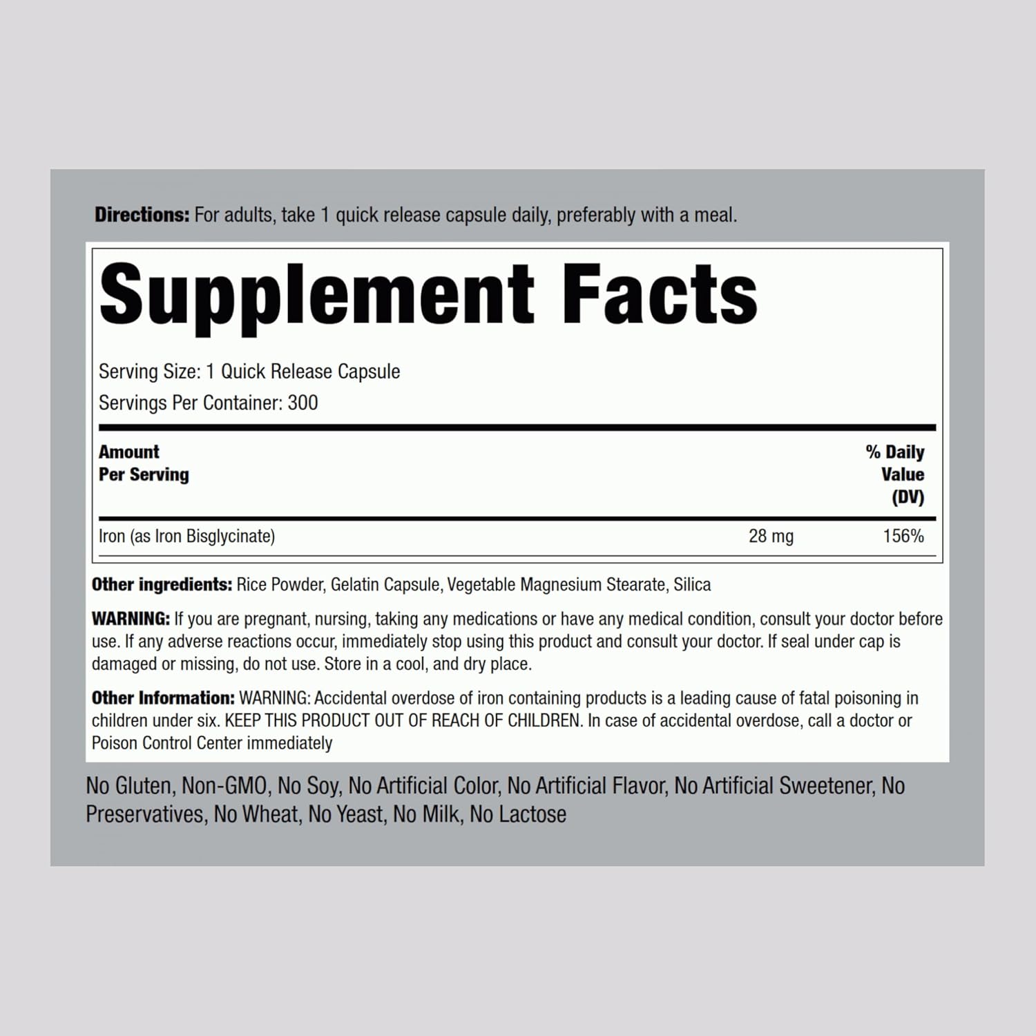 300 Capsules of Piping Rock Iron Bisglycinate Supplement - 28 mg Gentle Iron Formula, Non-GMO & Gluten Free