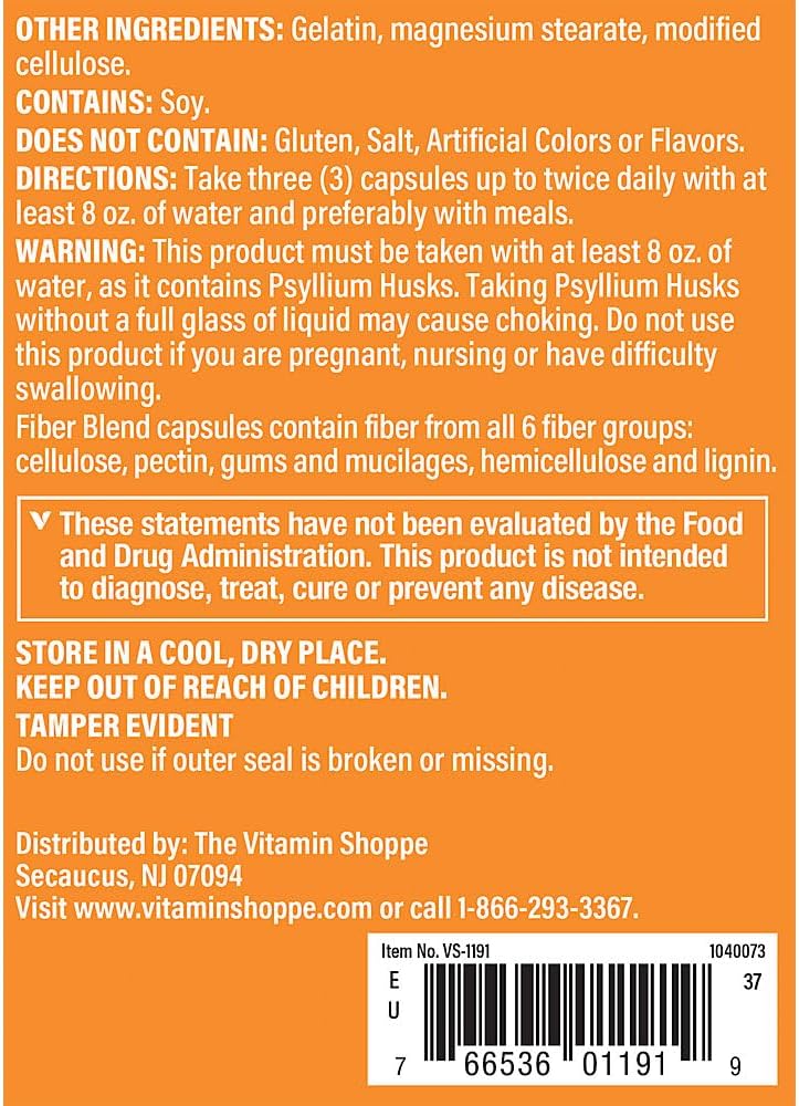 300 Capsules of Vitamin Shoppe Fiber Blend: Natural Source of Insoluble & Soluble Fiber for Digestive Health