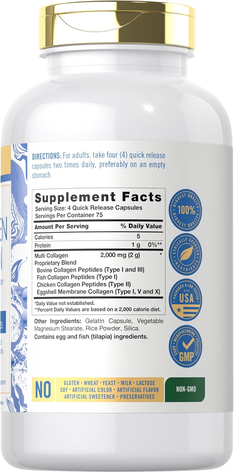 300 Count Carlyle Multi Collagen Protein Capsules 2000mg | Type I, II, III, V, X | Collagen Peptide Pills for Keto & Paleo | Gluten Free, Non-GMO