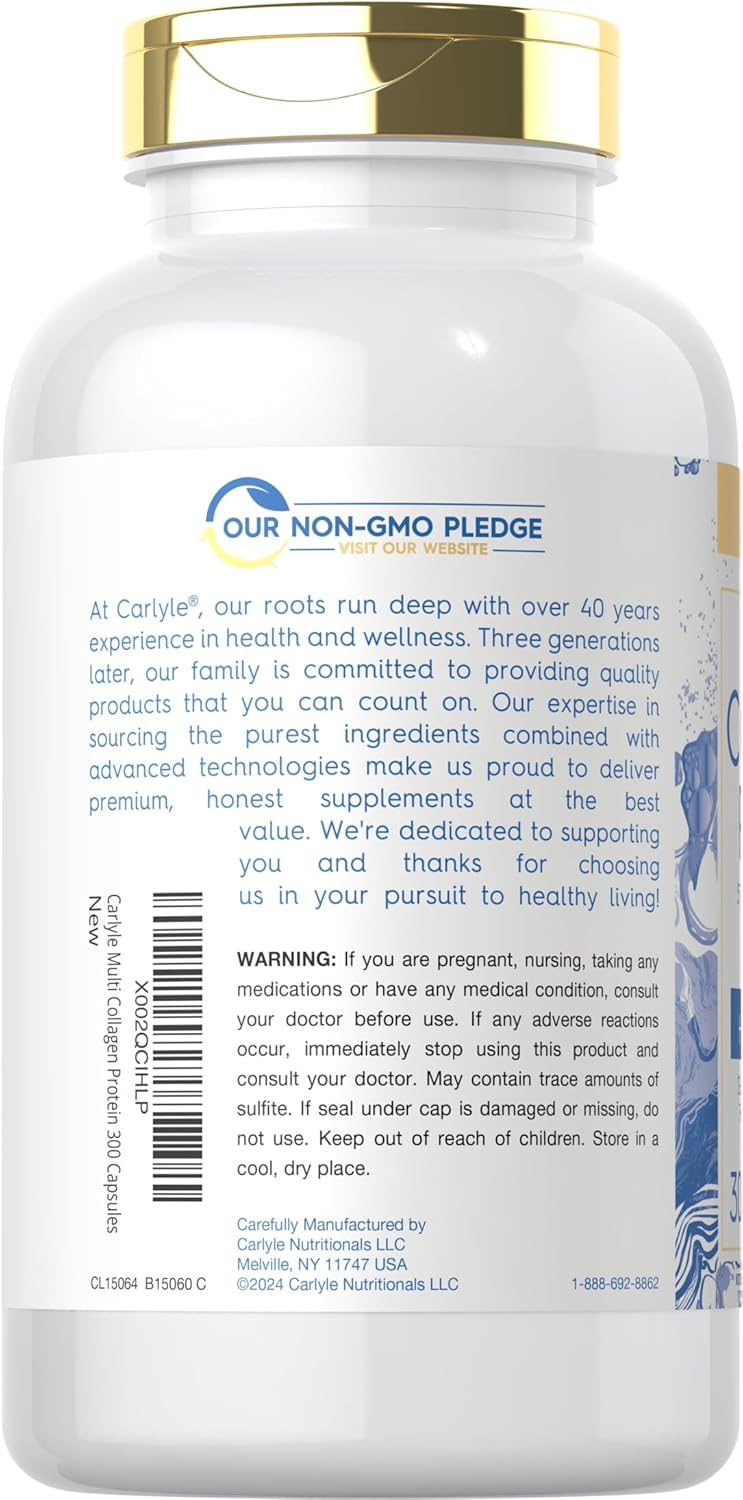 300 Count Carlyle Multi Collagen Protein Capsules 2000mg | Type I, II, III, V, X | Collagen Peptide Pills for Keto & Paleo | Gluten Free, Non-GMO