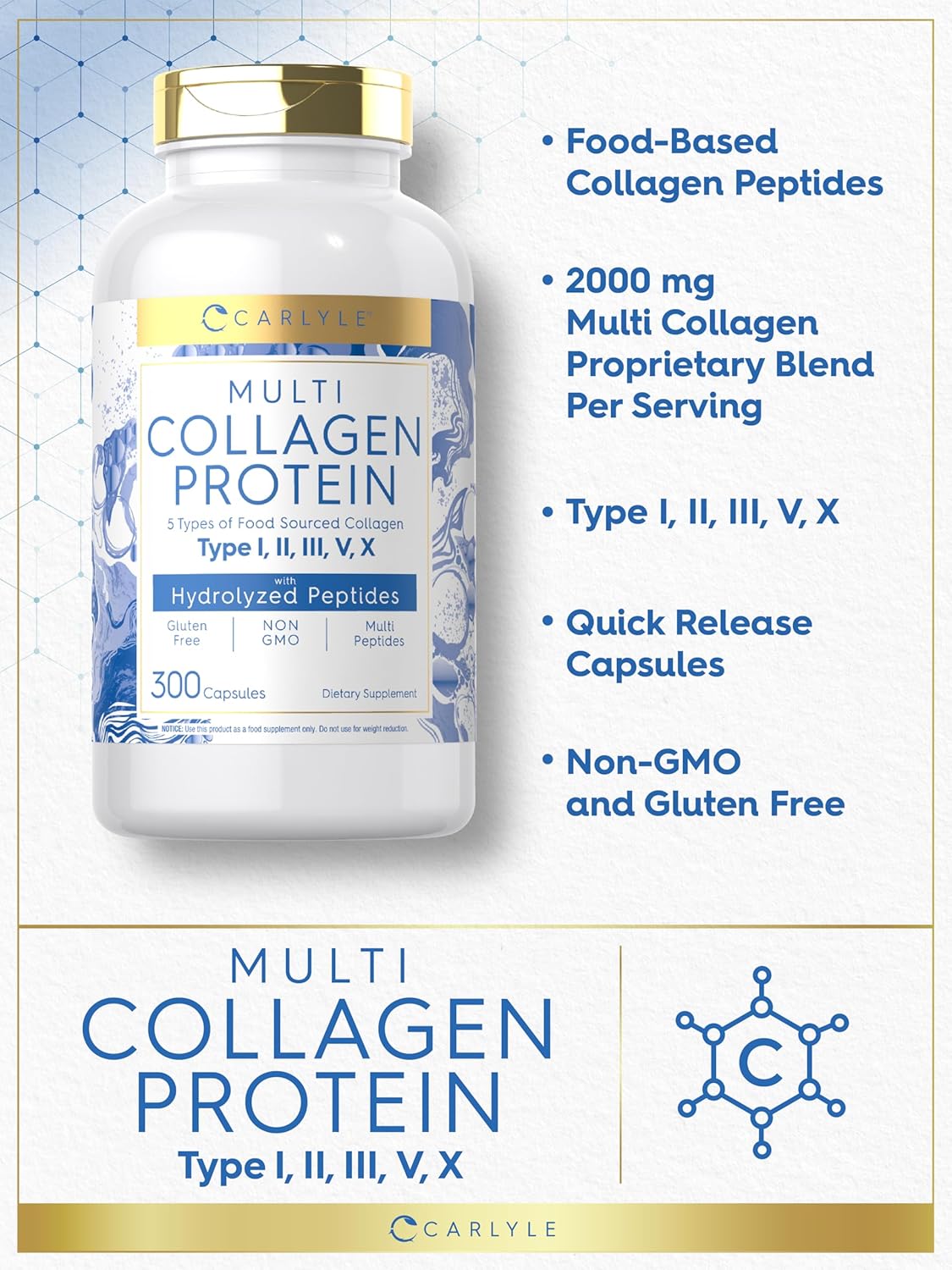300 Count Carlyle Multi Collagen Protein Capsules 2000mg | Type I, II, III, V, X | Collagen Peptide Pills for Keto & Paleo | Gluten Free, Non-GMO