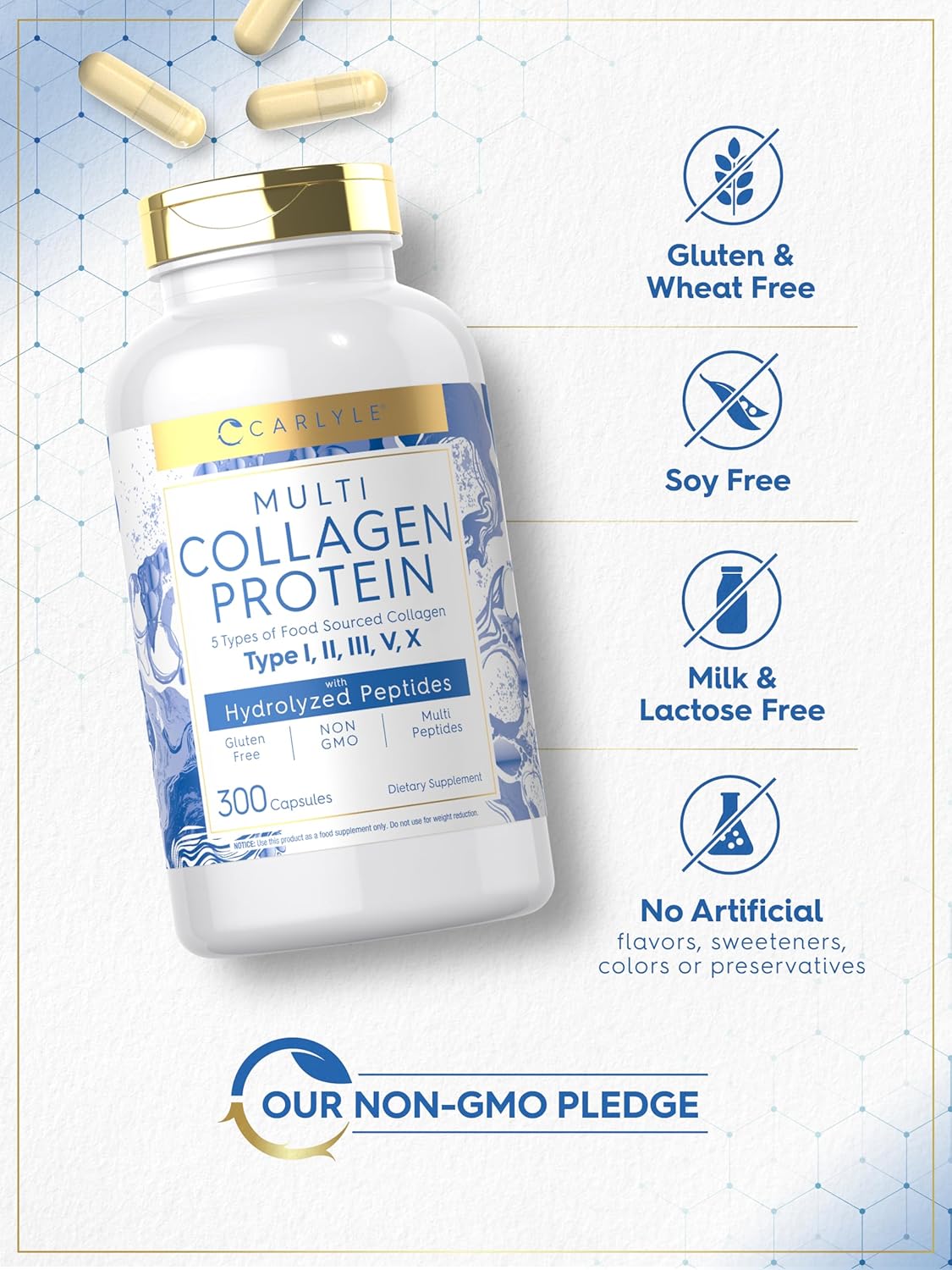 300 Count Carlyle Multi Collagen Protein Capsules 2000mg | Type I, II, III, V, X | Collagen Peptide Pills for Keto & Paleo | Gluten Free, Non-GMO