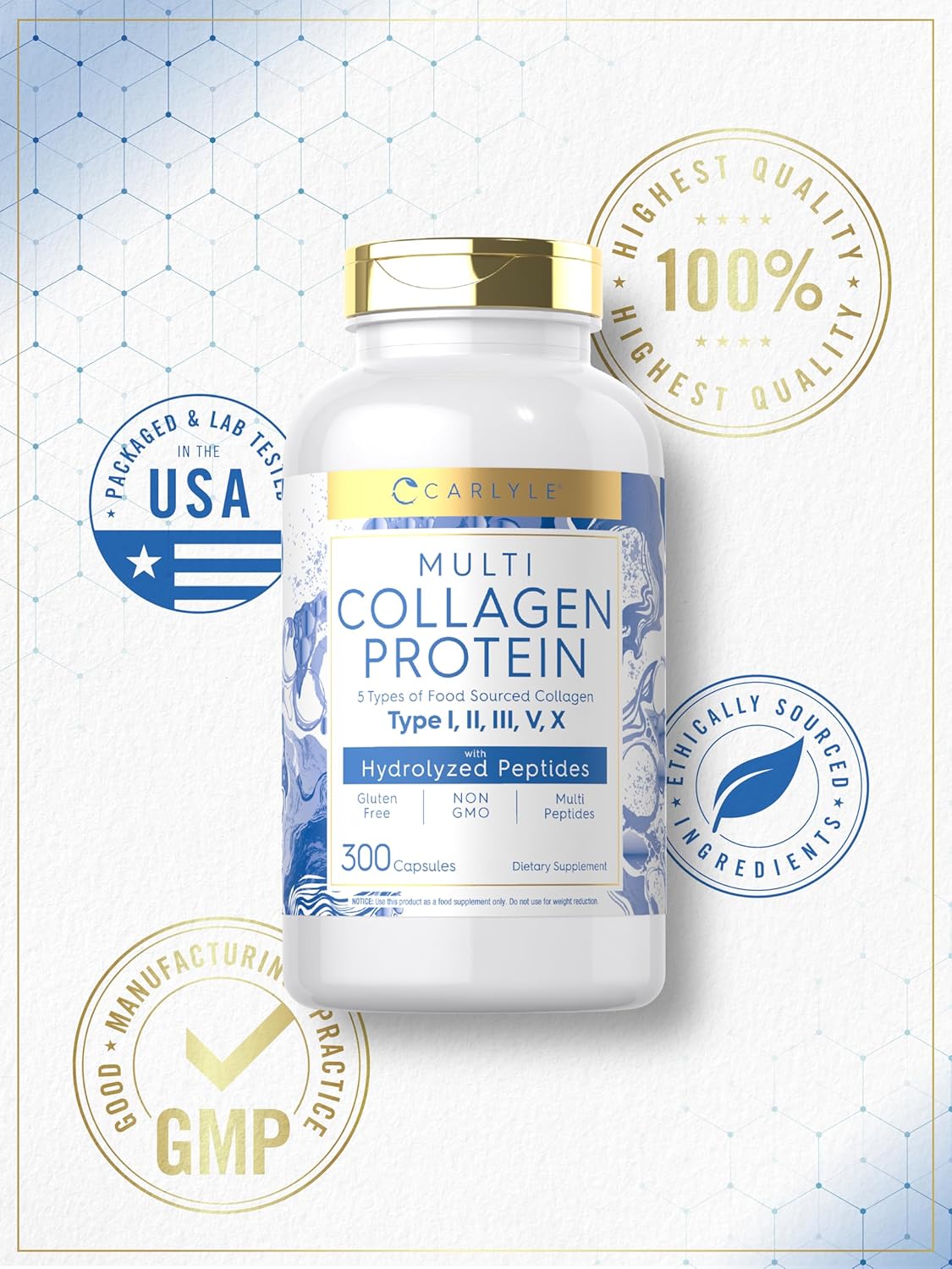 300 Count Carlyle Multi Collagen Protein Capsules 2000mg | Type I, II, III, V, X | Collagen Peptide Pills for Keto & Paleo | Gluten Free, Non-GMO
