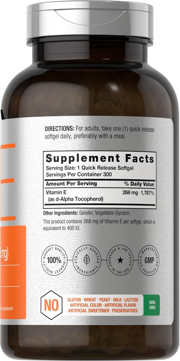 300 Count Horbäach Vitamin E Softgel Capsules - 400 iu, 268mg - Non-GMO, Gluten Free, D-Alpha Tocopherol Formula