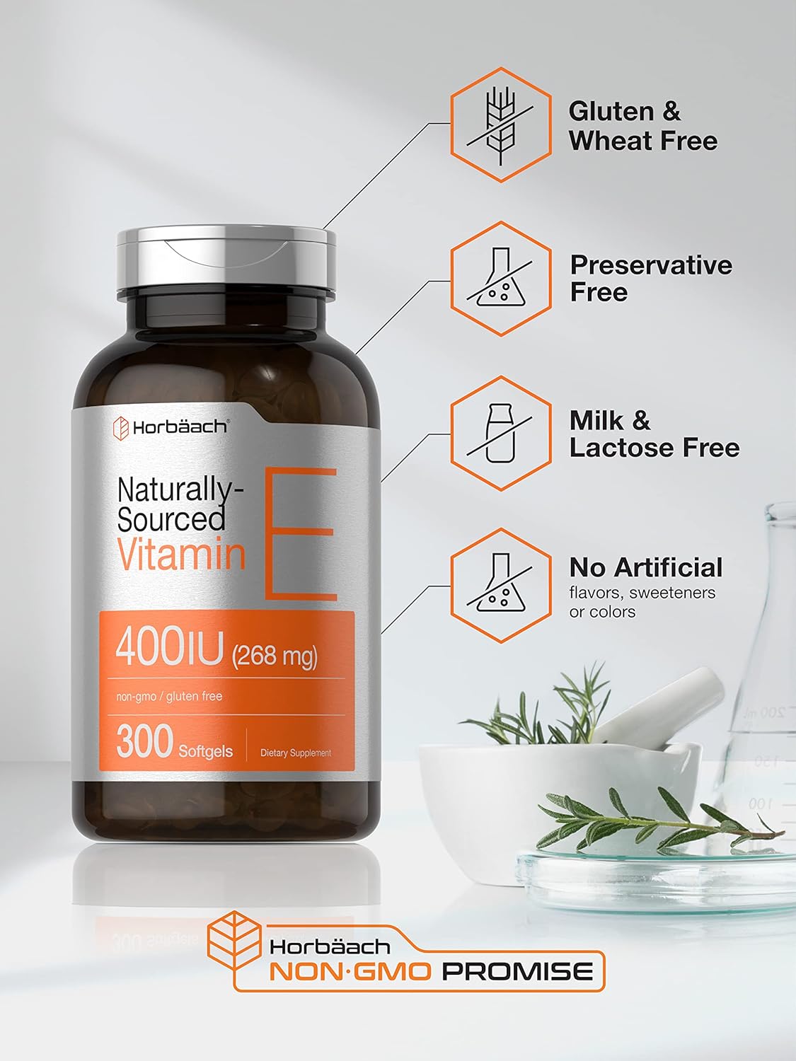 300 Count Horbäach Vitamin E Softgel Capsules - 400 iu, 268mg - Non-GMO, Gluten Free, D-Alpha Tocopherol Formula