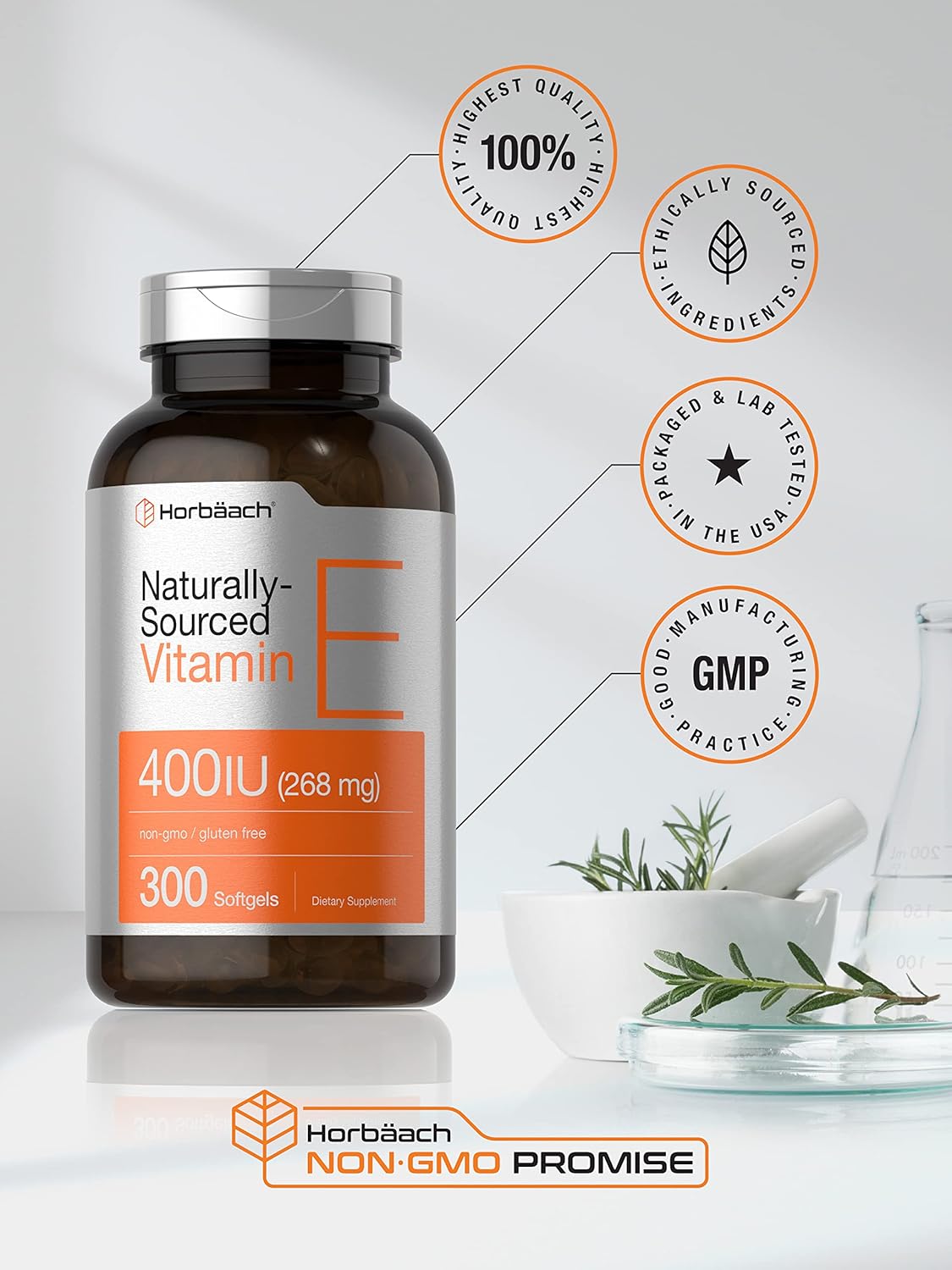 300 Count Horbäach Vitamin E Softgel Capsules - 400 iu, 268mg - Non-GMO, Gluten Free, D-Alpha Tocopherol Formula
