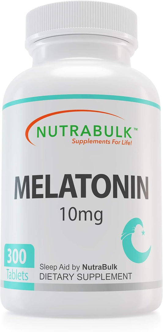 300 Count NutraBulk Melatonin 10mg Tablets - Fast-Acting Natural Sleep Aid for Adults at Night
