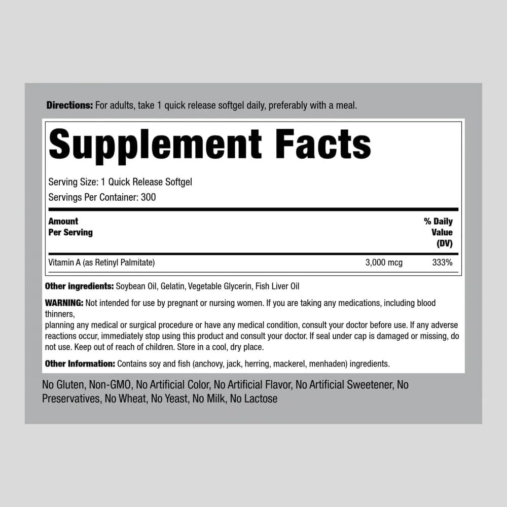 300 Count Piping Rock Vitamin A 10000 IU Softgels - Non-GMO & Gluten Free Supplement