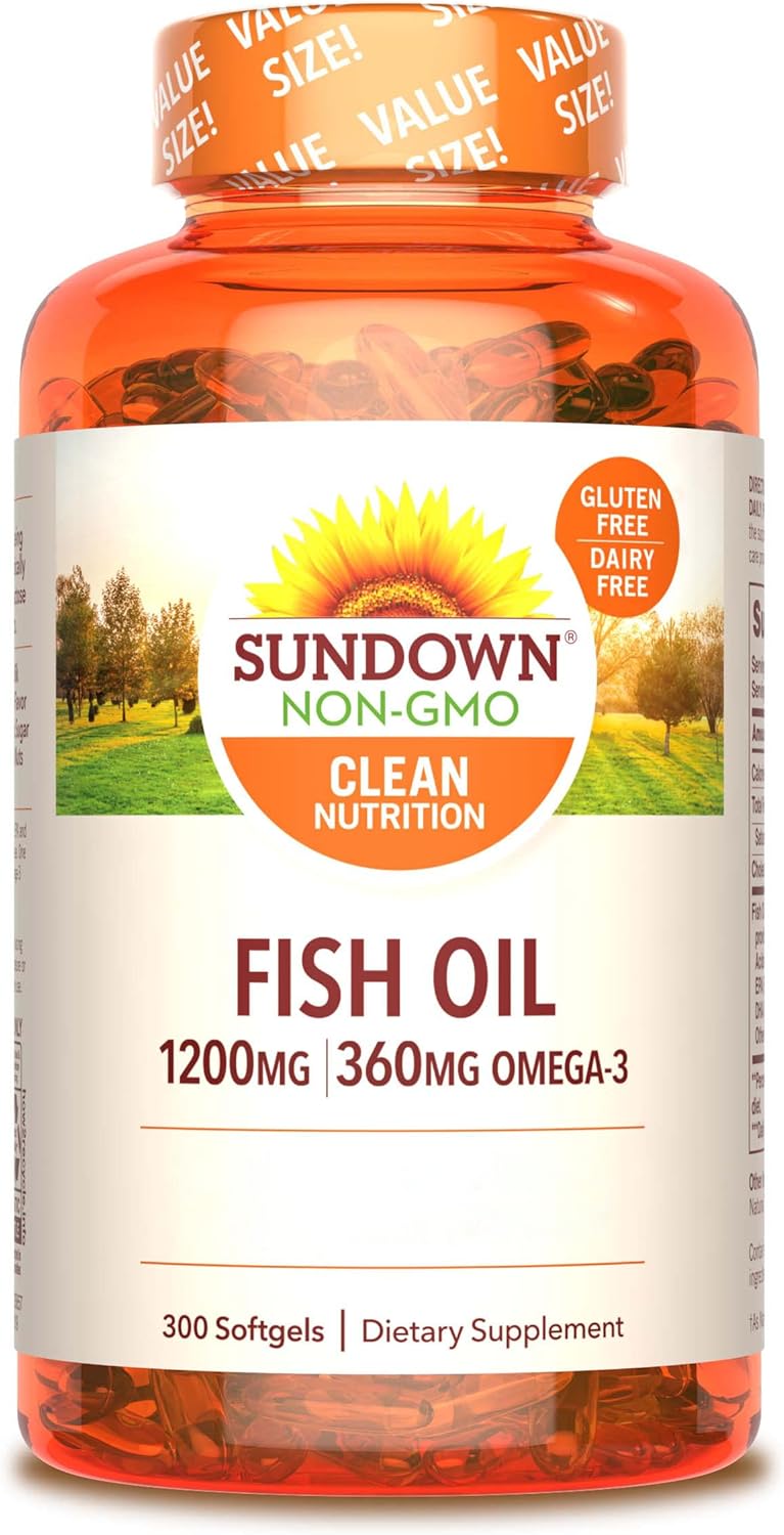 300 Count Sundown Fish Oil Softgels, 1200 mg Omega-3 Dietary Supplement for Heart & Metabolic Health