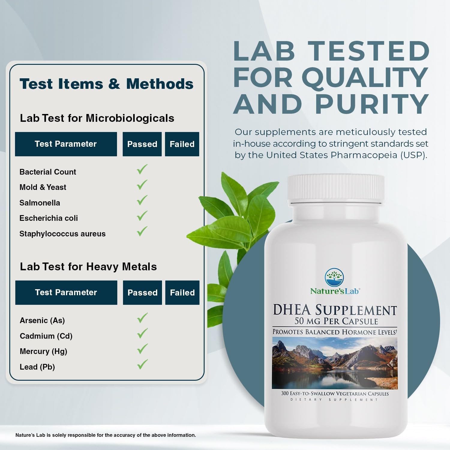 300 Nature's Lab DHEA 50mg Capsules for Balanced Hormone Levels, Energy, Mental Clarity - 10 Month Supply