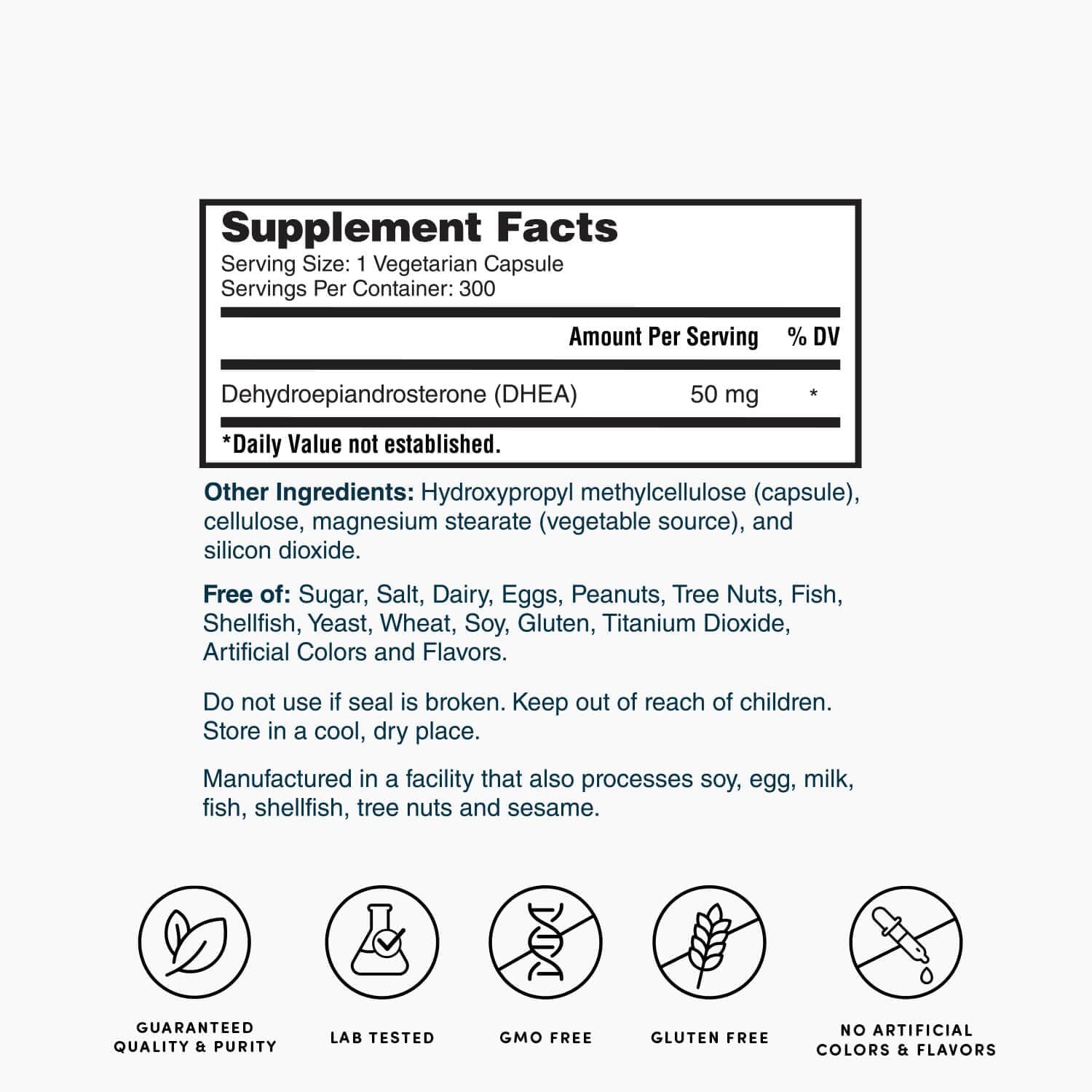 300 Nature's Lab DHEA 50mg Capsules for Balanced Hormone Levels, Energy, Mental Clarity - 10 Month Supply