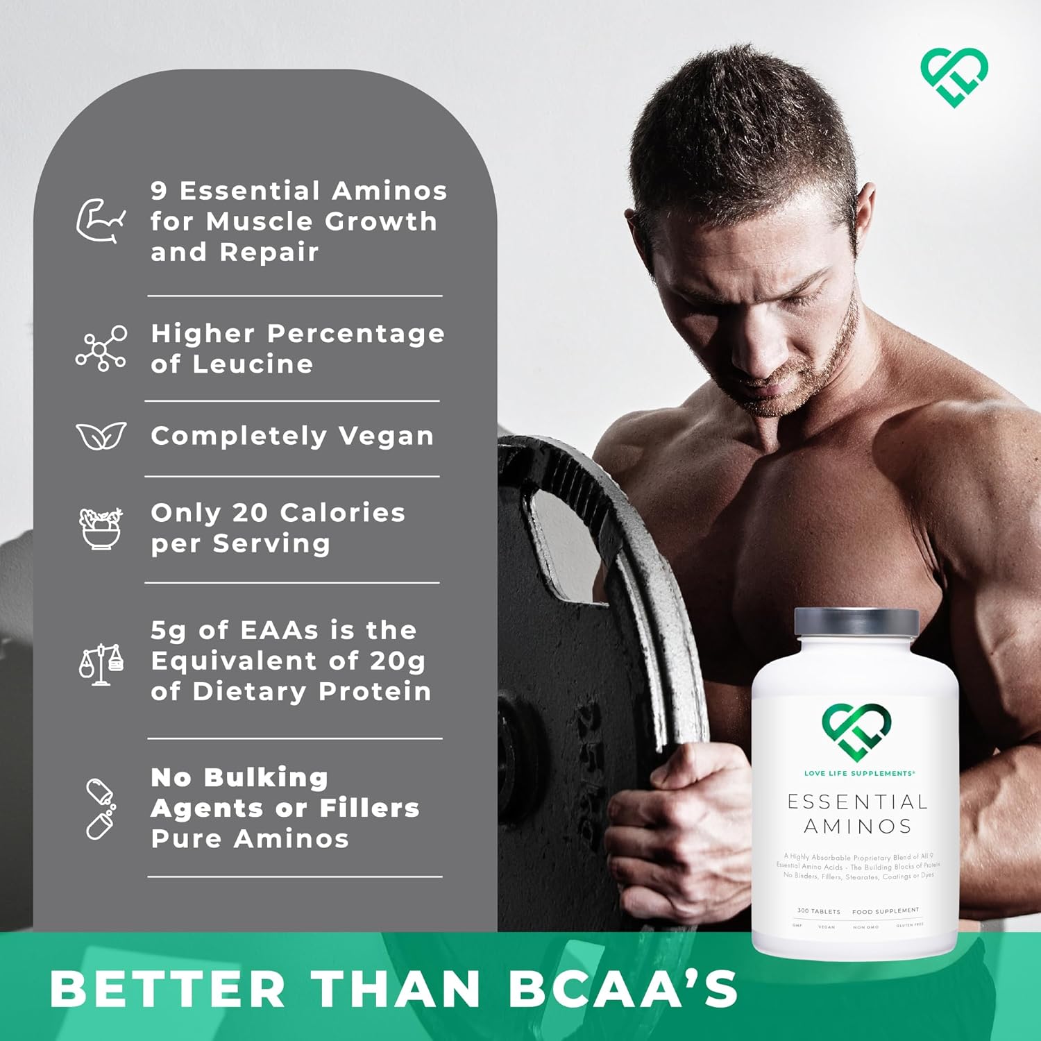 300 Tablets of Love Life Supplements Essential Amino Acids for Muscle Repair and Growth | Vegan-Friendly Formula with 9 EAA Amino Acids incl. BCAA's | High Leucine | 60 Servings