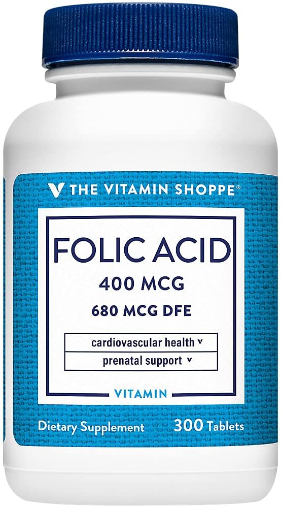 300 Tablets of The Vitamin Shoppe Folic Acid 400MCG for Prenatal & Fetal Development