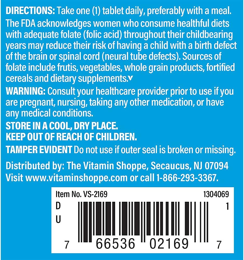300 Tablets of The Vitamin Shoppe Folic Acid 400MCG for Prenatal & Fetal Development