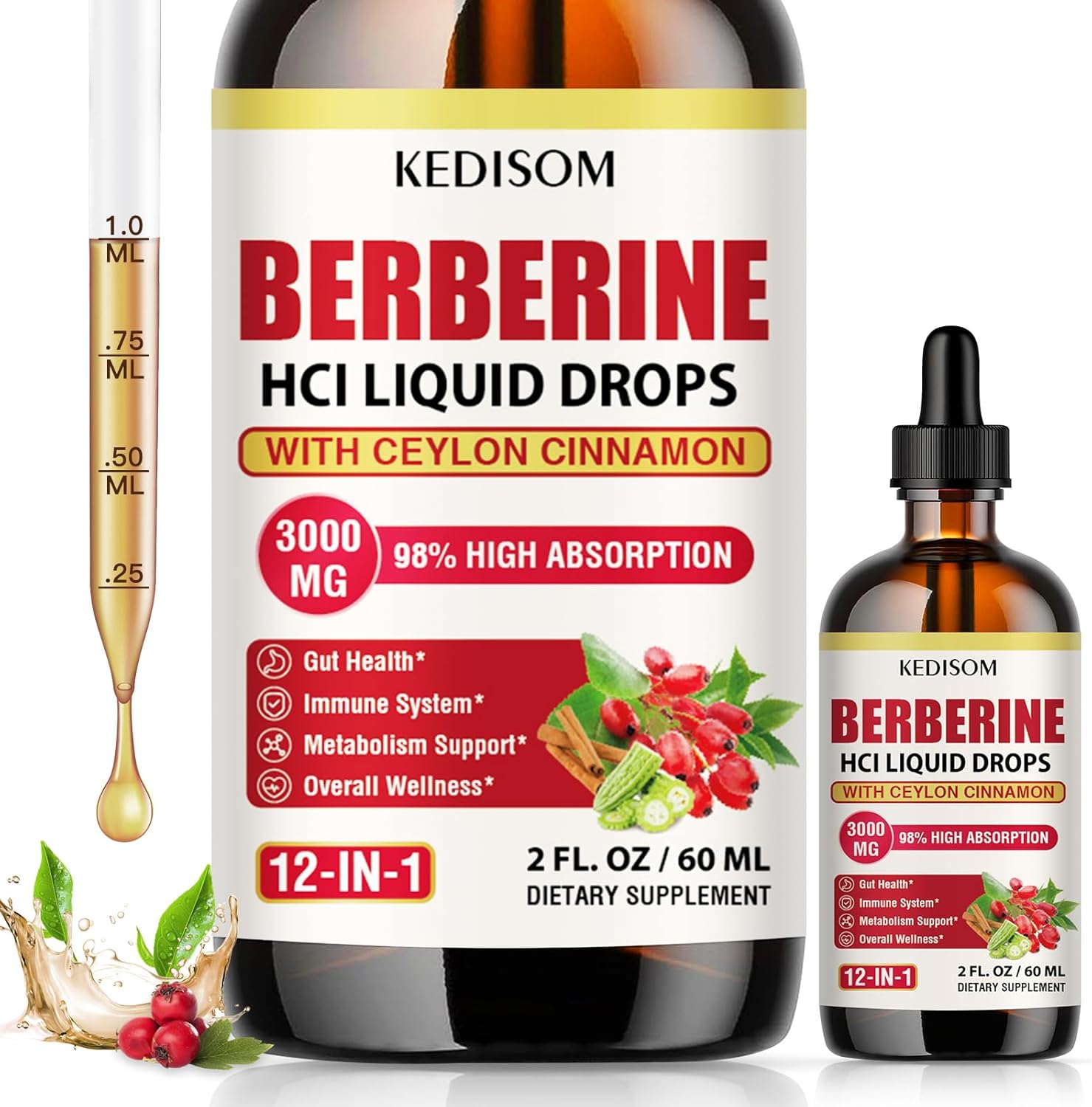 3000mg Liposomal Berberine Liquid Drops with Cinnamon & Turmeric for Metabolism, Gut Balance, Immunity, Heart - 2 Fl Oz