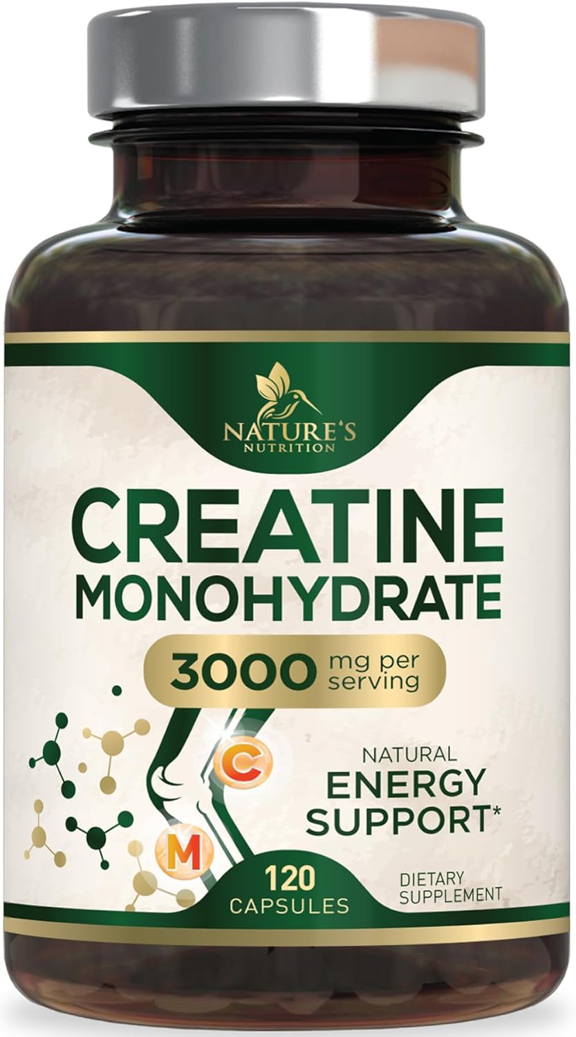 3,000mg Nature's Nutrition Creatine Monohydrate Capsules for Lean Muscle Strength & Endurance - 120 Capsules