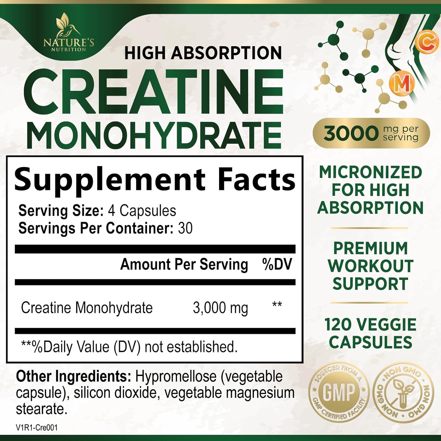 3,000mg Nature's Nutrition Creatine Monohydrate Capsules for Lean Muscle Strength & Endurance - 120 Capsules