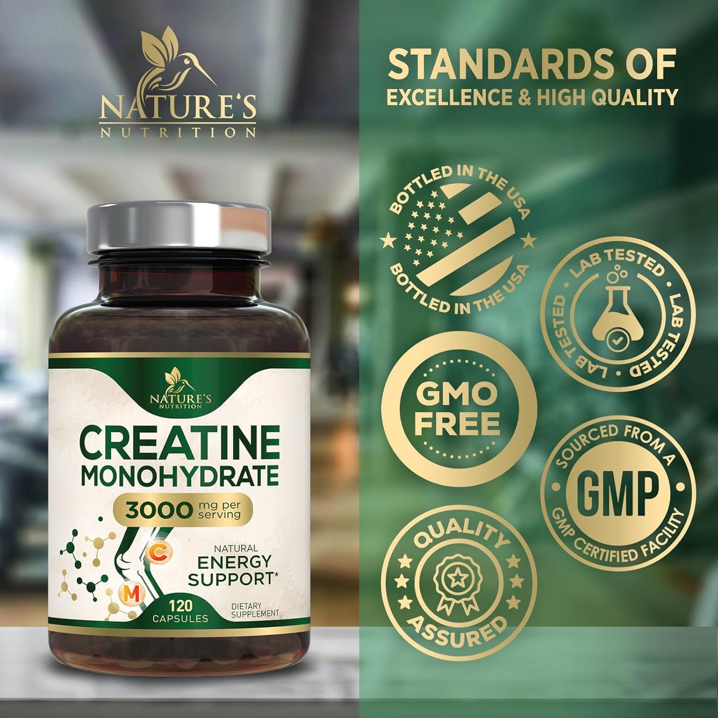 3,000mg Nature's Nutrition Creatine Monohydrate Capsules for Lean Muscle Strength & Endurance - 120 Capsules