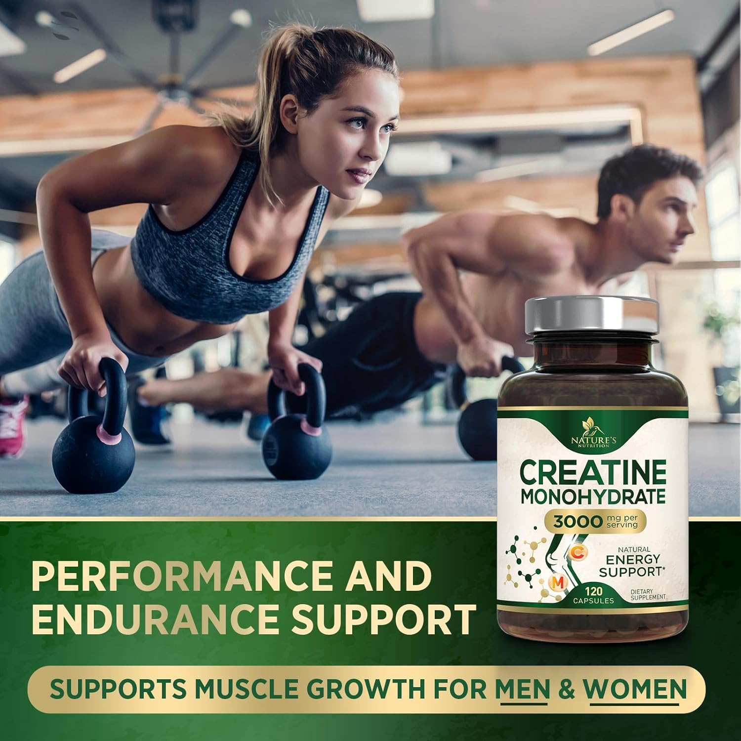 3,000mg Nature's Nutrition Creatine Monohydrate Capsules for Lean Muscle Strength & Endurance - 120 Capsules