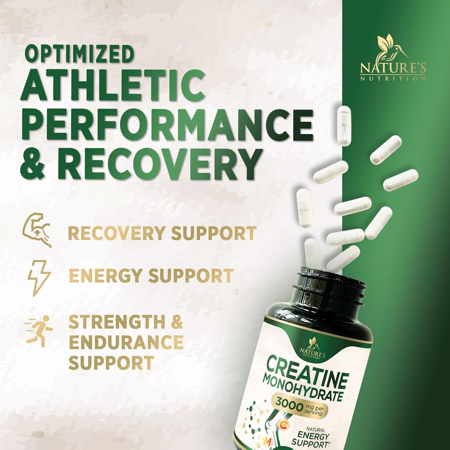 3,000mg Nature's Nutrition Creatine Monohydrate Capsules for Lean Muscle Strength & Endurance - 120 Capsules