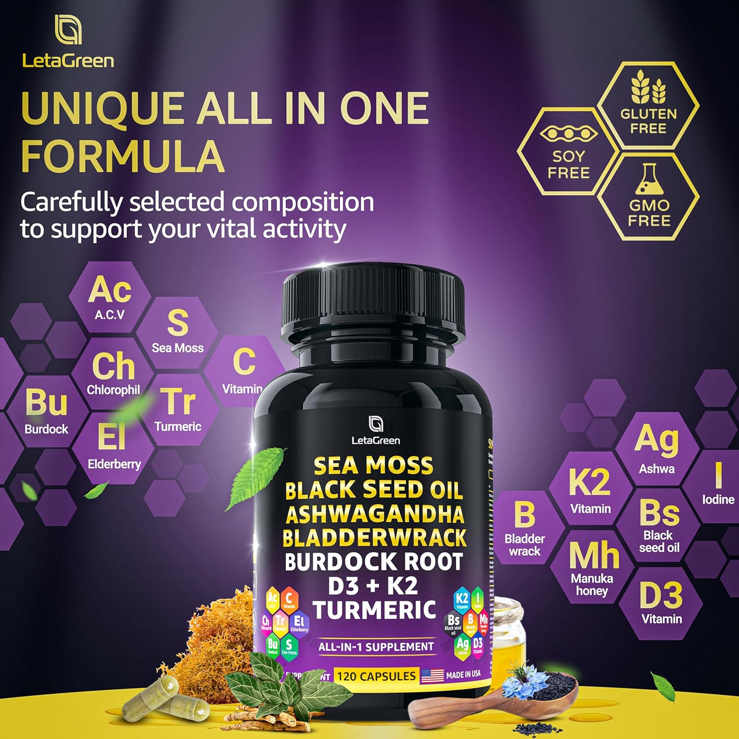 3000mg Sea Moss, 2000mg Black Seed Oil, 1000mg Ashwagandha, Bladderwrack, Burdock, Turmeric, Vitamin C, D3, K2, ACV, Elderberry, Manuka, Dandelion, Yellow Dock, Iodine - 240 Count