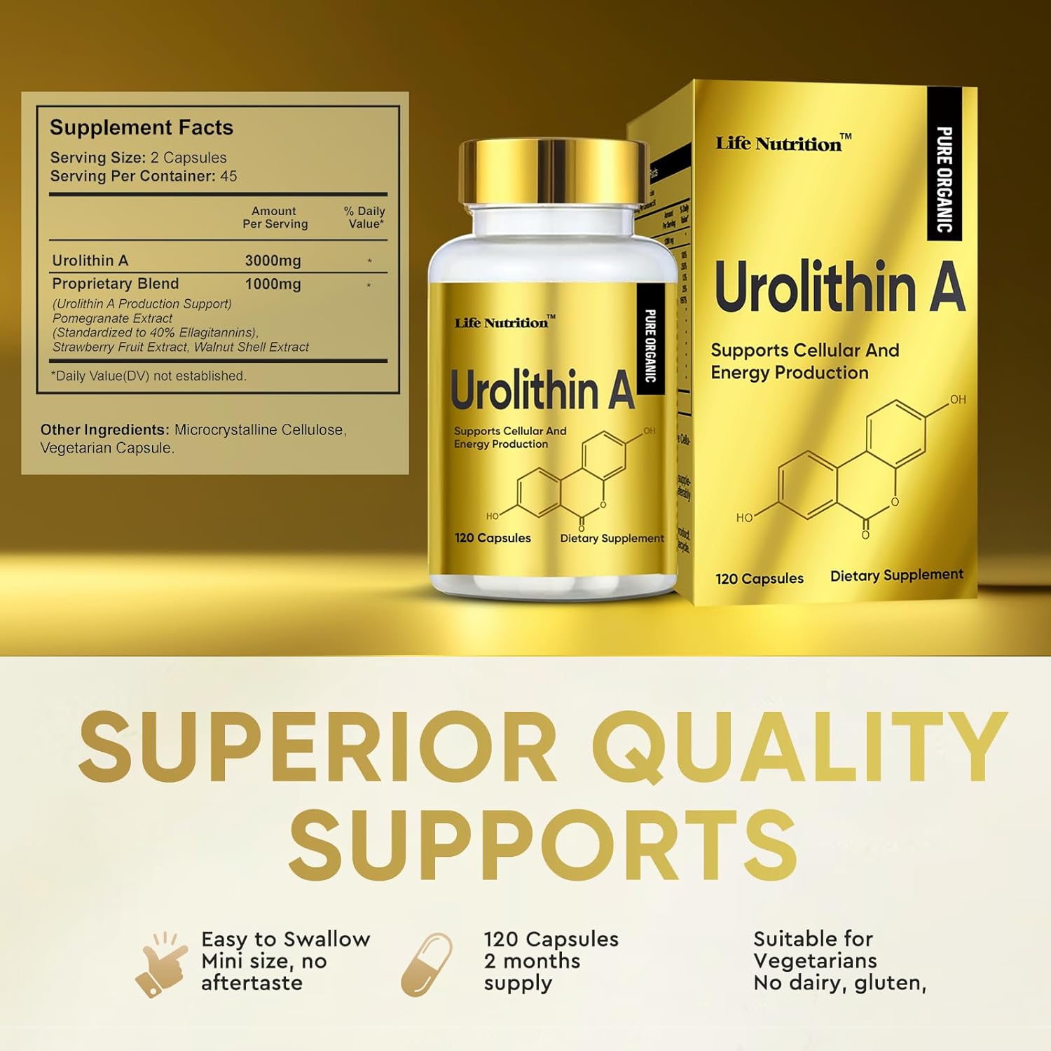 3000mg Urolithin A+ Capsules for Enhanced Strength - 120 Count, Made in USA - Advanced Cellular Health Support & Vitality Boost