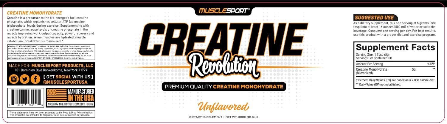 300g Musclesport Micronized Creatine Monohydrate Powder for Energy, Strength, and Endurance - Unflavored Supplement