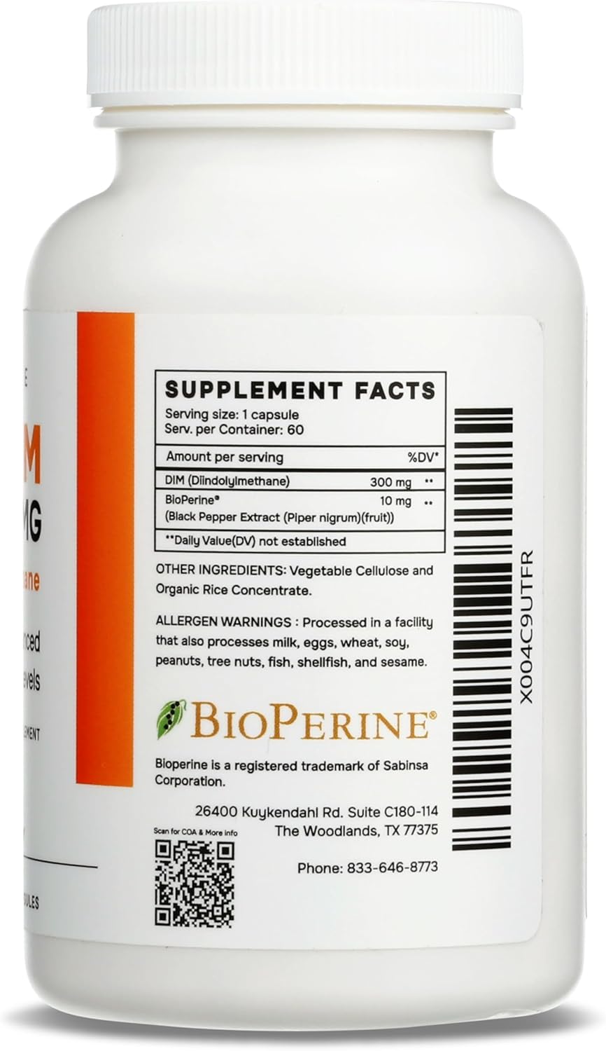 300mg DIM Supplement for Estrogen Balance in Men and Women | Supports Menopause, PCOS, Hormonal Acne | Antioxidant Boost | Enhanced with Natural Metabolites | Made in USA | 60 Ct.