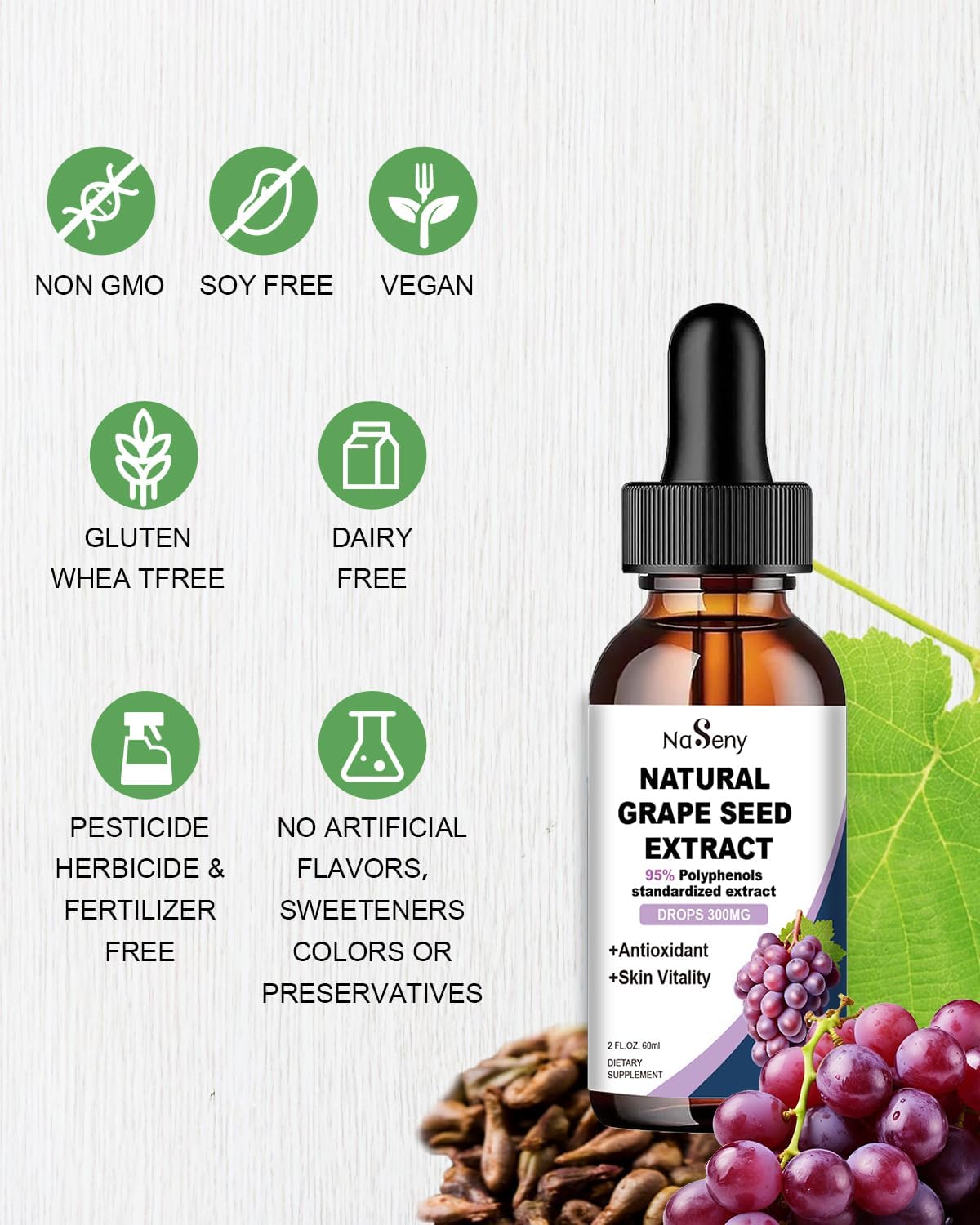 300mg Grape Seed Extract Liquid Supplement - Maximum Strength Tincture, 95% Polyphenols, Non-GMO - 60ml