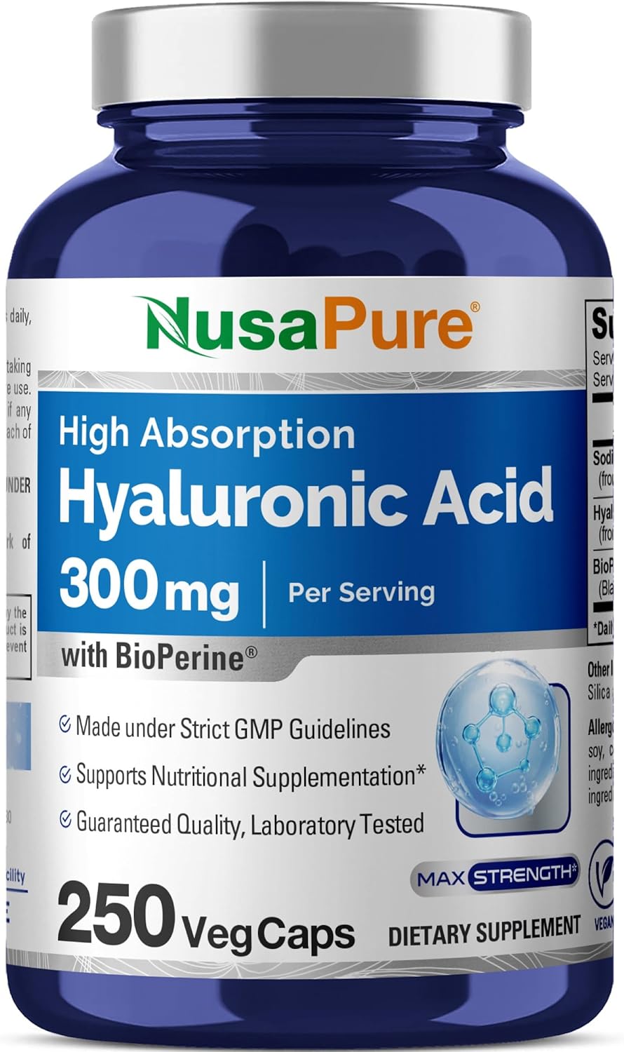 300mg Hyaluronic Acid in 250 Vegan Capsules - Non-GMO Formula by NusaPure
