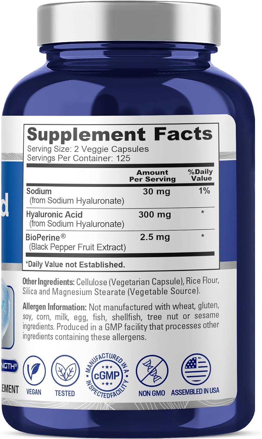 300mg Hyaluronic Acid in 250 Vegan Capsules - Non-GMO Formula by NusaPure