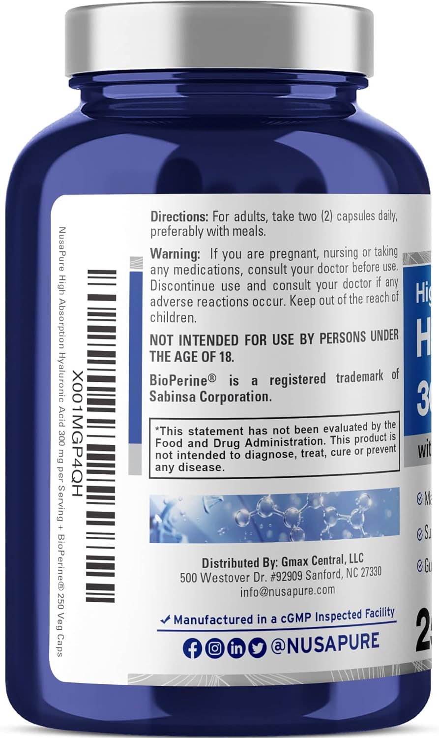 300mg Hyaluronic Acid in 250 Vegan Capsules - Non-GMO Formula by NusaPure