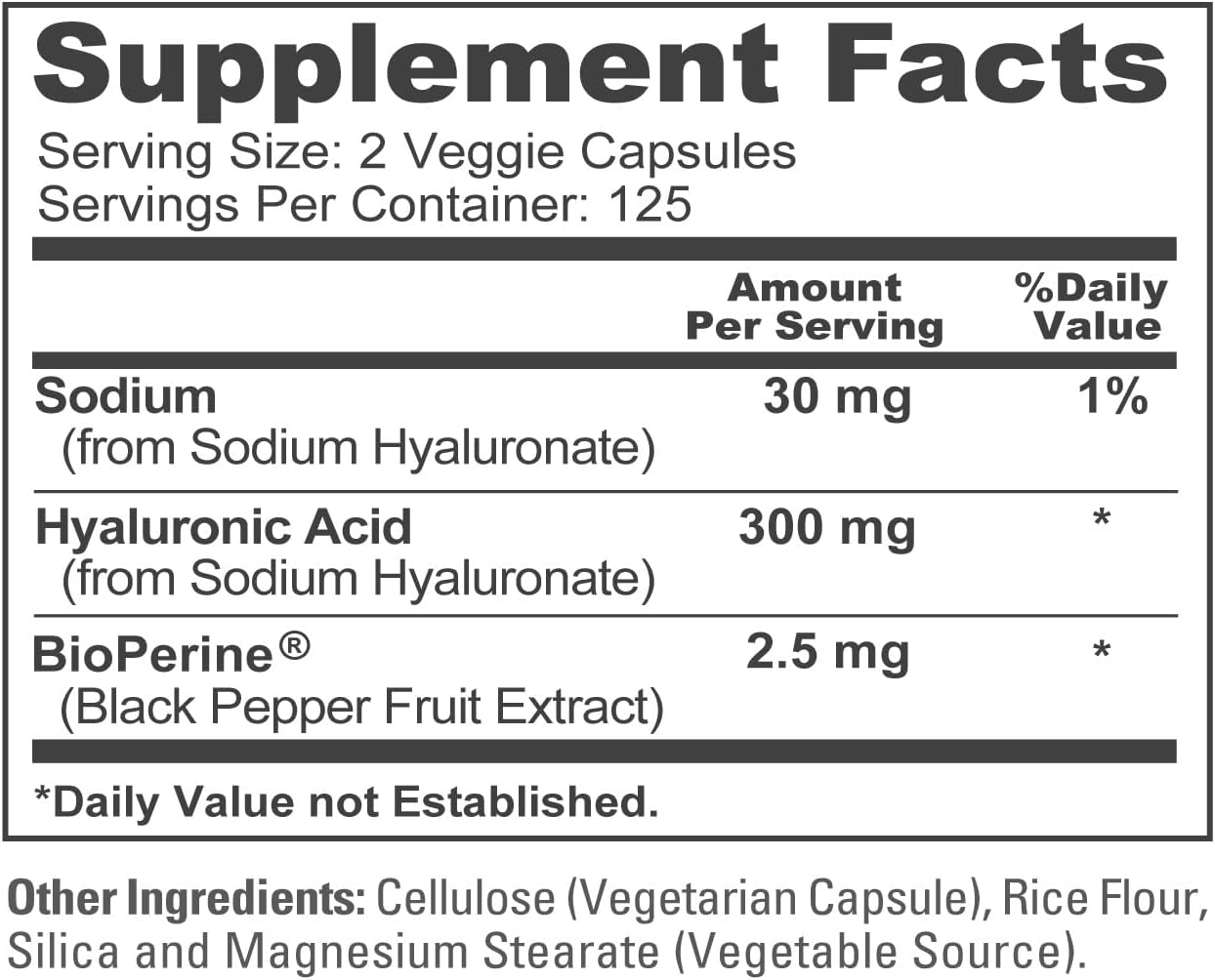 300mg Hyaluronic Acid in 250 Vegan Capsules - Non-GMO Formula by NusaPure