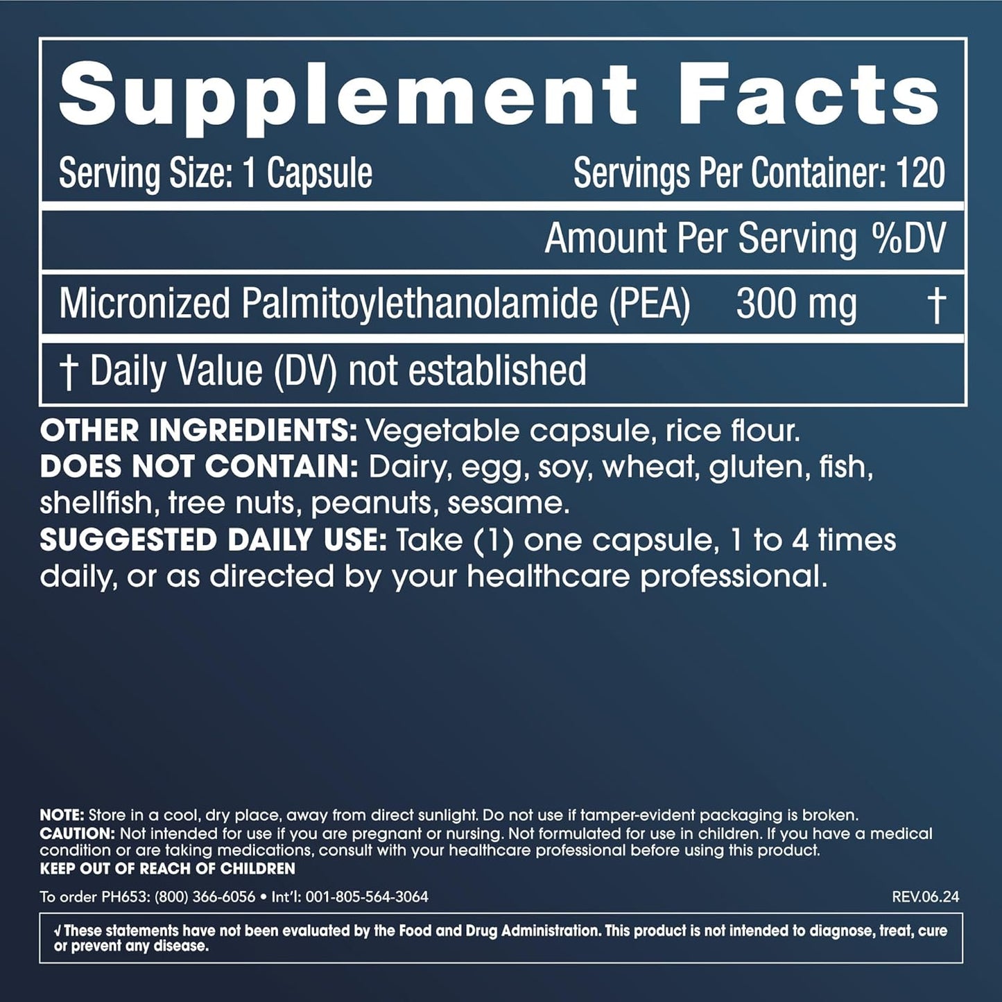 300mg Pure Micronized PEA Capsules for Pain Relief, Sleep Support, and Longevity - 120 Capsules