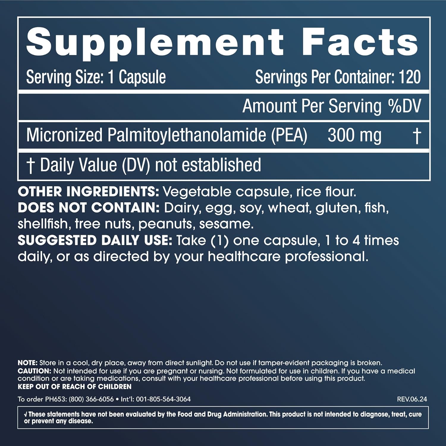 300mg Pure Micronized PEA Capsules for Pain Relief, Sleep Support, and Longevity - 120 Capsules