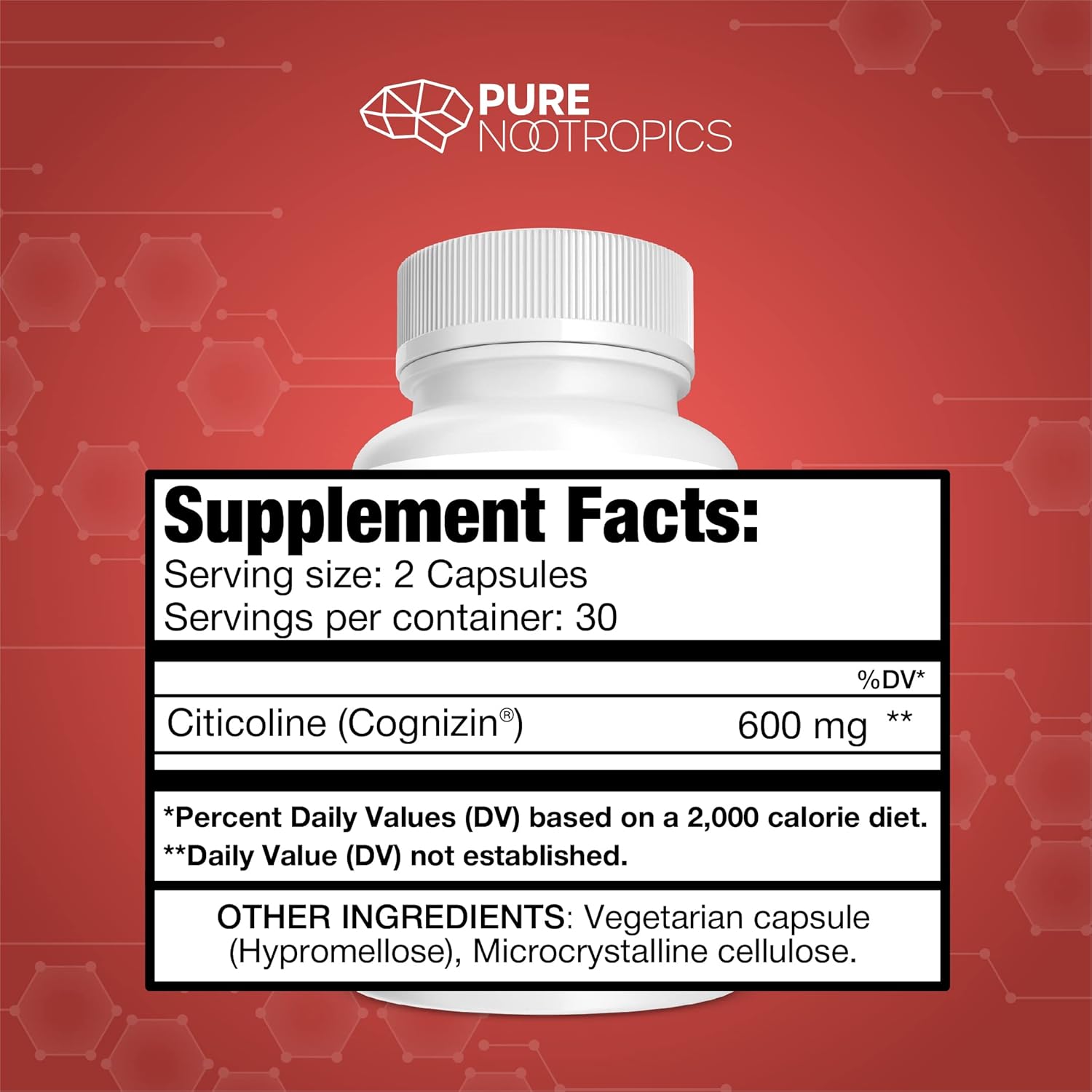 300mg Pure Nootropics CDP Choline Capsules - 60 Veg Caps, Cognitive Support, Memory, Attention, Brain Health, Bioavailable Citicoline