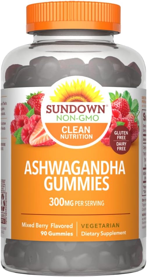 300mg Sundown Ashwagandha Gummies with KSM-66 Extract - Mixed Berry Flavor, 90 Gummies