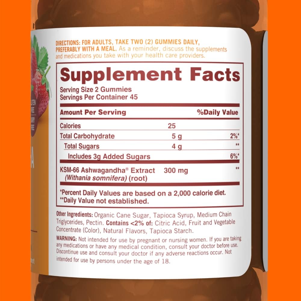 300mg Sundown Ashwagandha Gummies with KSM-66 Extract - Mixed Berry Flavor, 90 Gummies