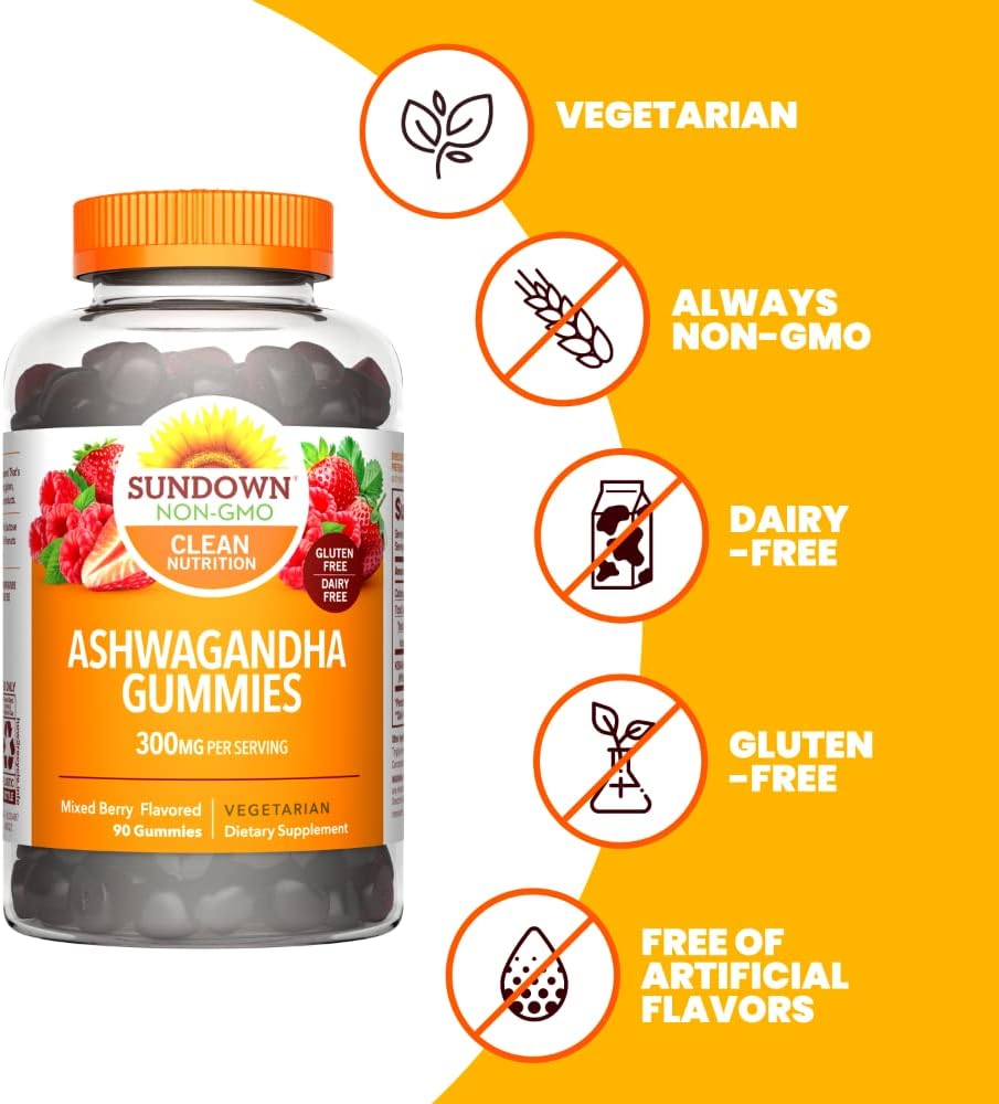 300mg Sundown Ashwagandha Gummies with KSM-66 Extract - Mixed Berry Flavor, 90 Gummies