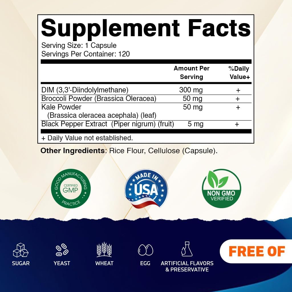 300mg Vitamatic DIM Supplement Complex Capsules for Women & Men - 120 Veg Caps - Black Pepper, Broccoli & Kale - Non-GMO & Gluten Free - Hormonal Balance Support