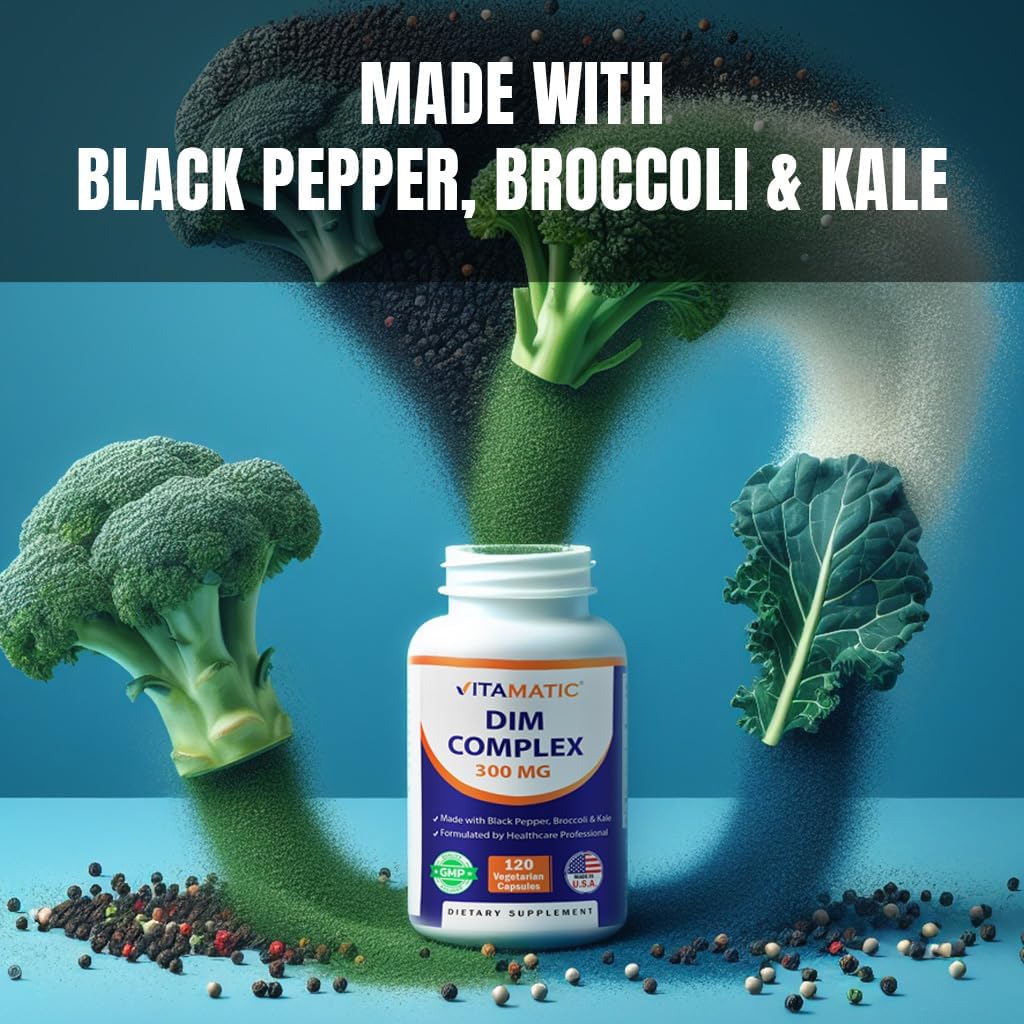 300mg Vitamatic DIM Supplement Complex Capsules for Women & Men - 120 Veg Caps - Black Pepper, Broccoli & Kale - Non-GMO & Gluten Free - Hormonal Balance Support
