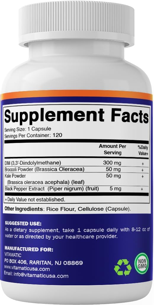 300mg Vitamatic DIM Supplement Complex Capsules for Women & Men - 120 Veg Caps - Black Pepper, Broccoli & Kale - Non-GMO & Gluten Free - Hormonal Balance Support