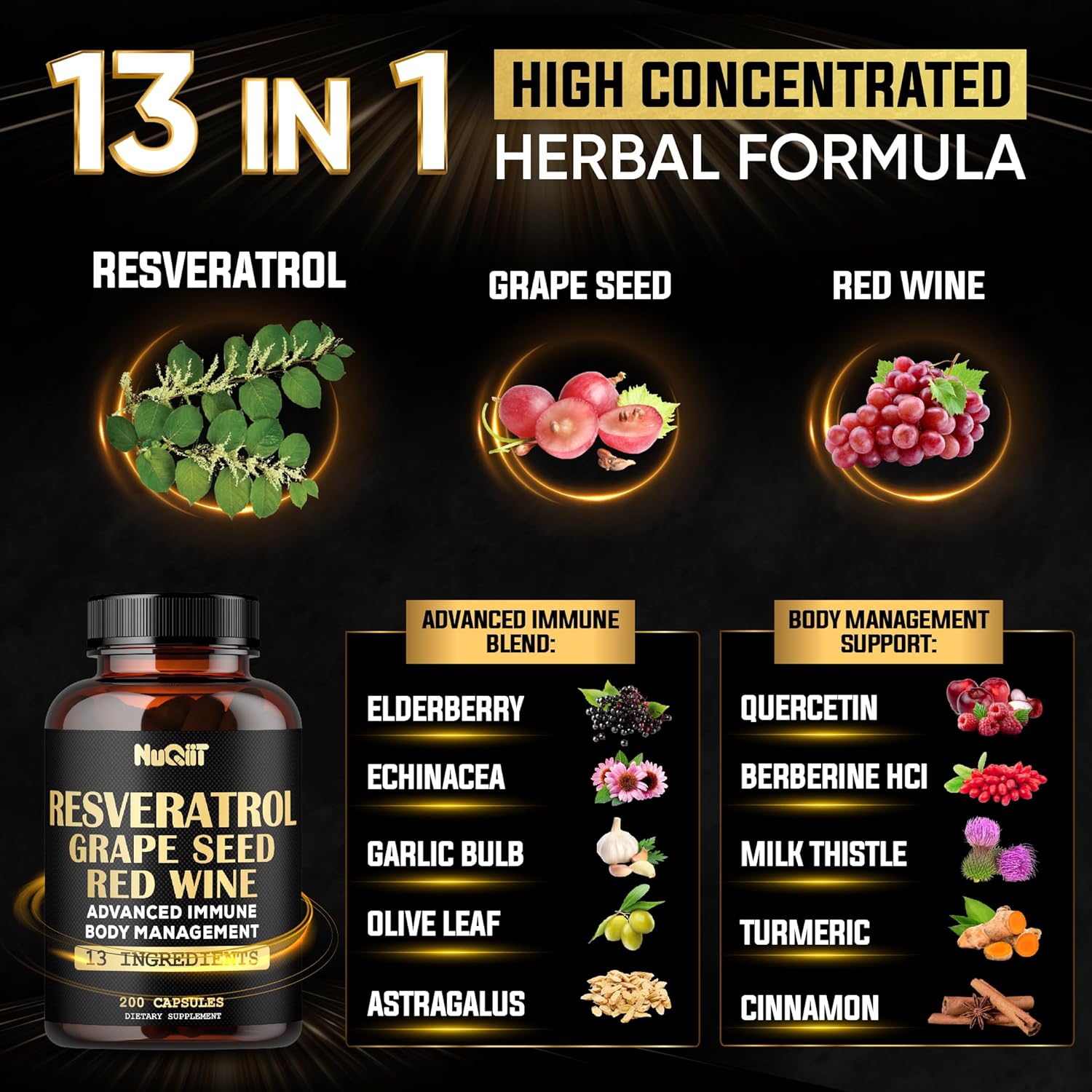 30:1 Trans Resveratrol Supplement 1000mg with Red Wine Extract - Immune & Body Management Complex - 200 Capsules