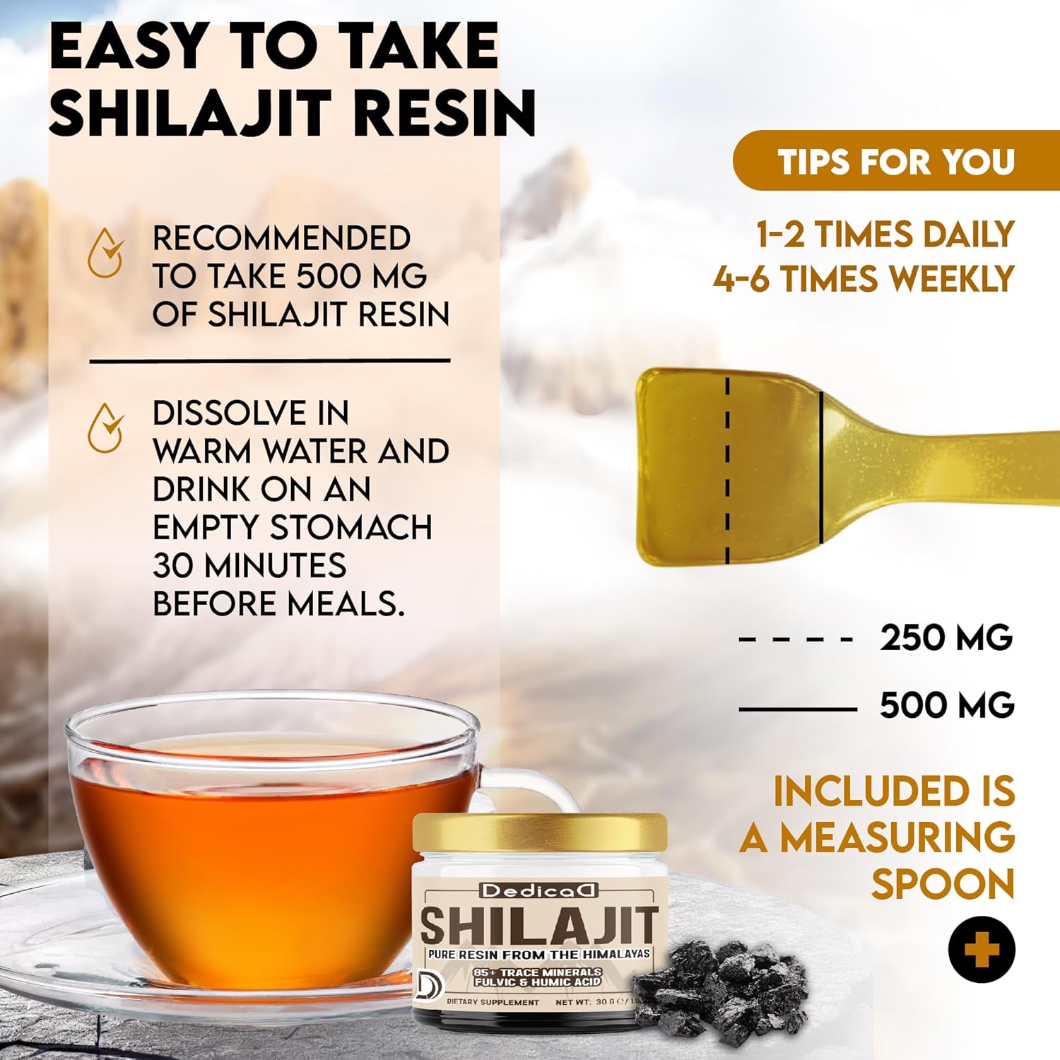 30g DEDICAD Shilajit Pure Himalayan Organic Resin - Natural Supplement with Fulvic & Humic Acid - 60 Servings for Body Balance, Heart, Immune Health