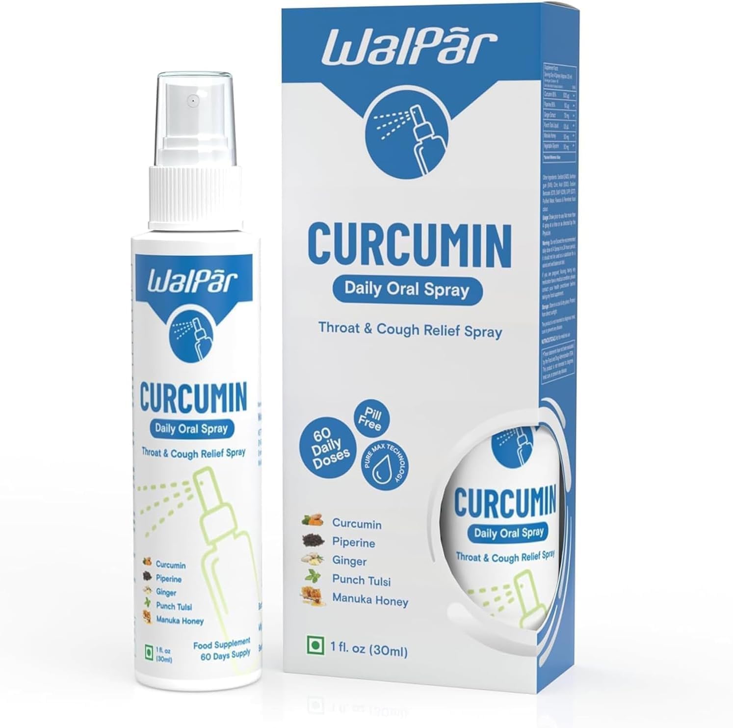 30ml WALPAR Curcumin Oral Spray with Piperine, Ginger Extract, Punch Tulsi, and Manuka Honey - 60 Day Supply